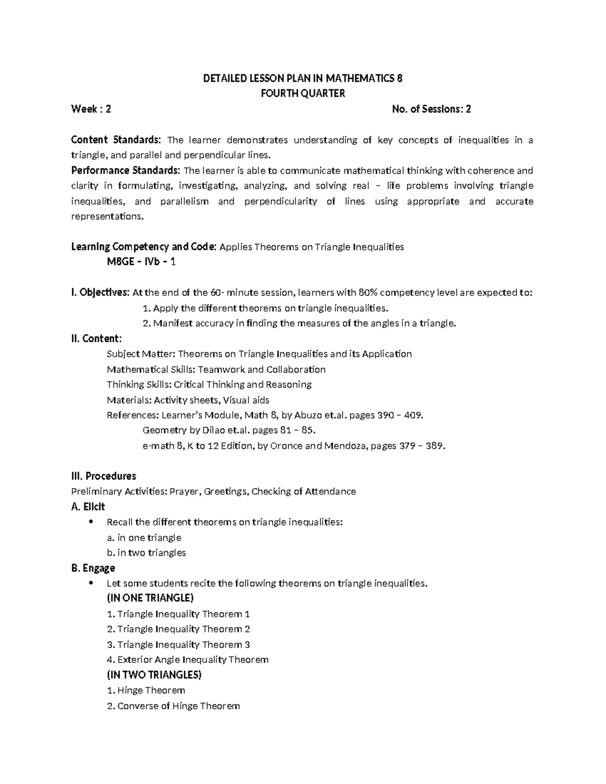 Detailed Lesson Plan M8GE-IV in Triangle Inequalities (Week 2) - Studocu