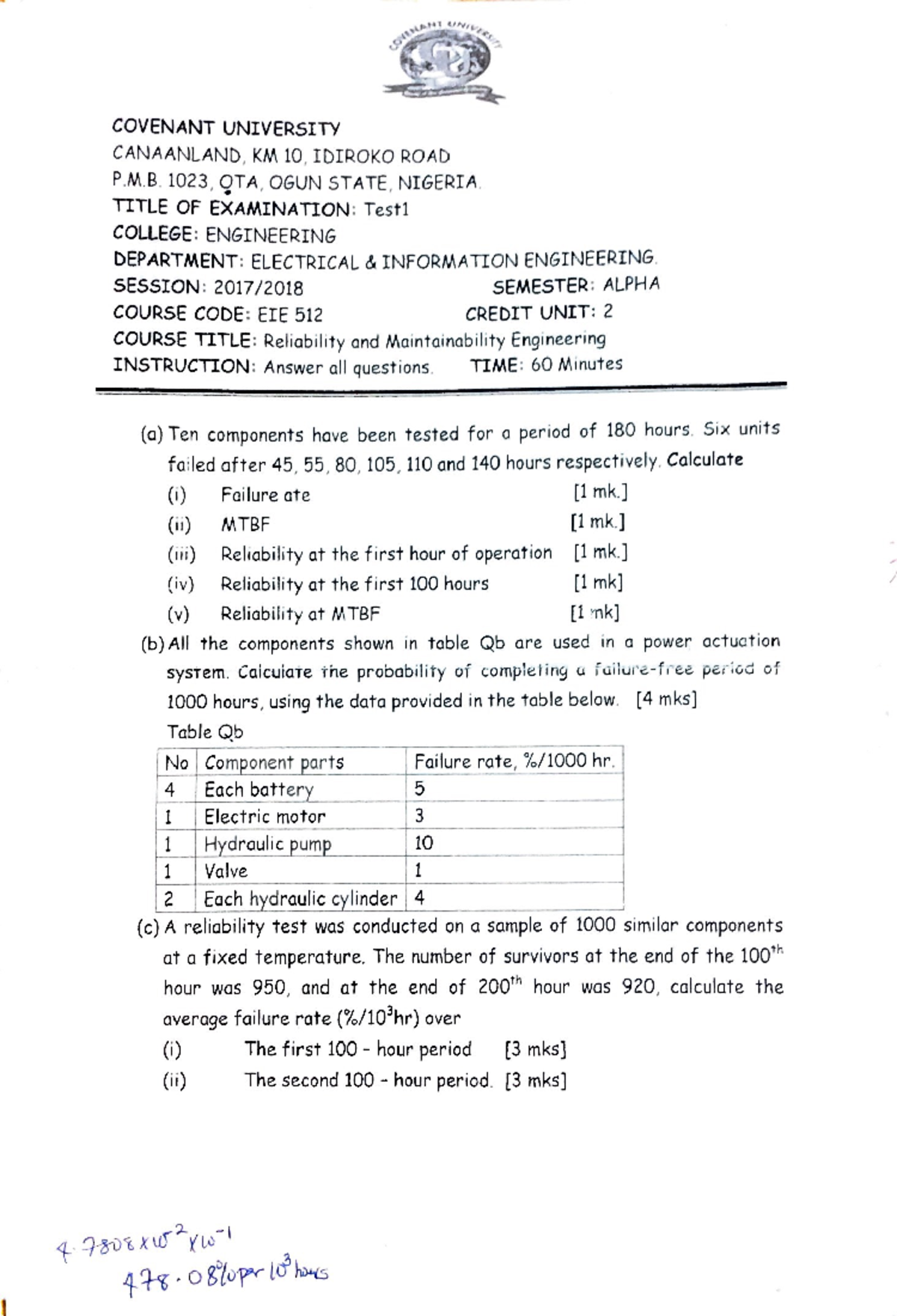 EIE 512 - Reliability and Maintainability Engineering Exam Notes - Studocu