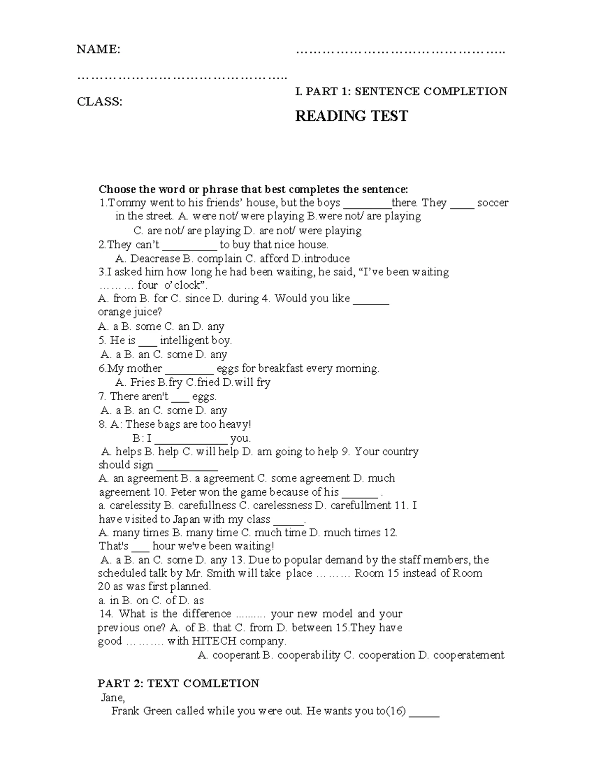 Reading Test: Sentence & Text Completion Practice - Studocu