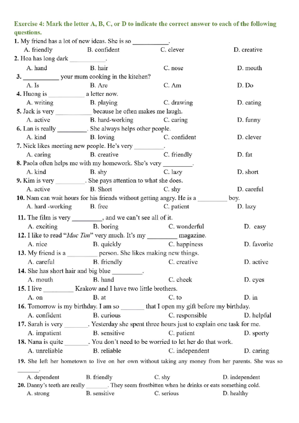 Exercise 4: Multiple Choice Questions on Personality Traits and Actions ...