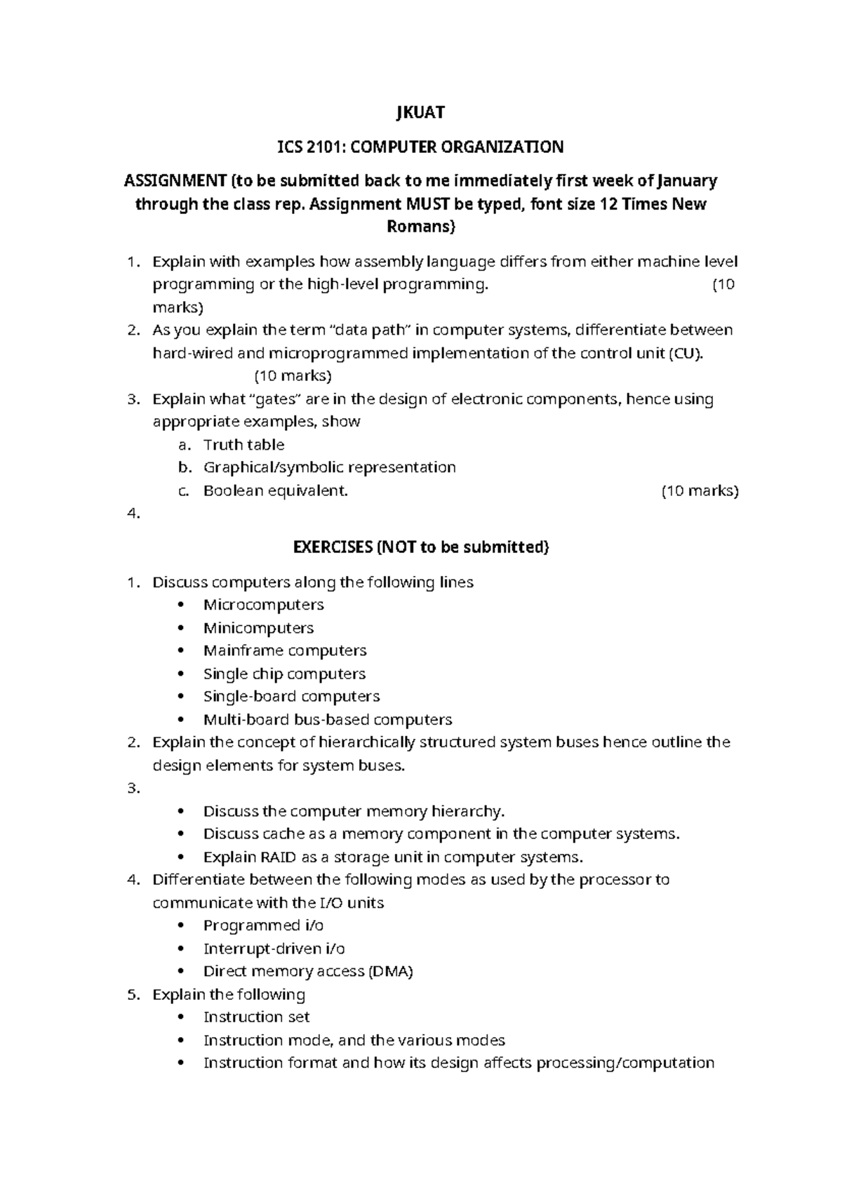 ICS 2101- Computer Organisation Assignment-1 - JKUAT ICS 2101: COMPUTER ...