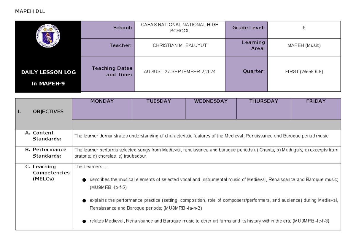 Q1 MAPEH DLL Daily Lesson Log for Grade 9 Music - Studocu