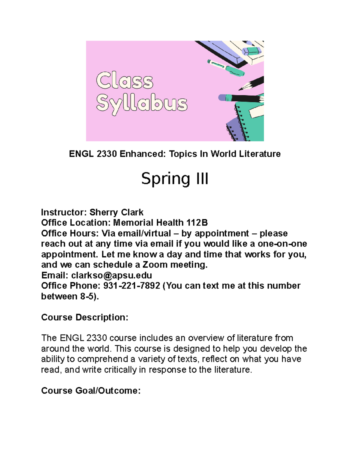 ENGL 2330 Enhanced: World Literature Overview for Spring 2023 - Studocu