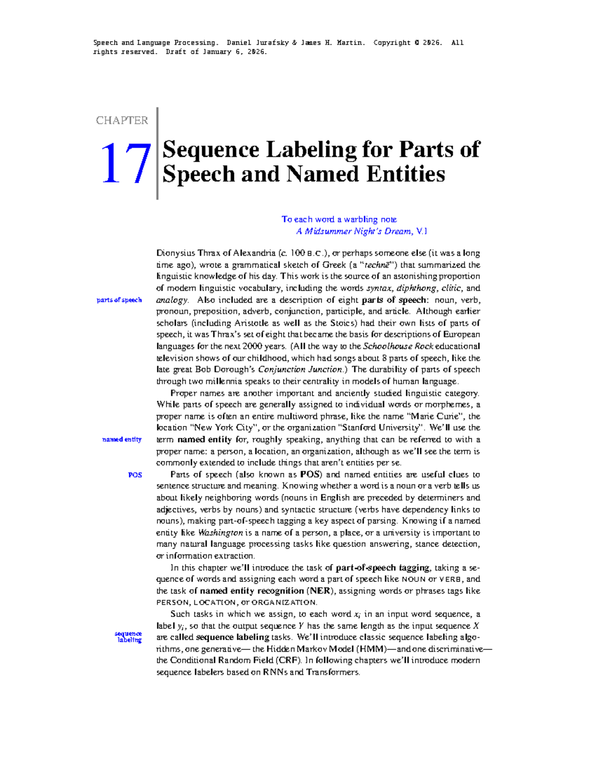 Chapter 17: Sequence Labeling for Parts of Speech and Named Entities ...
