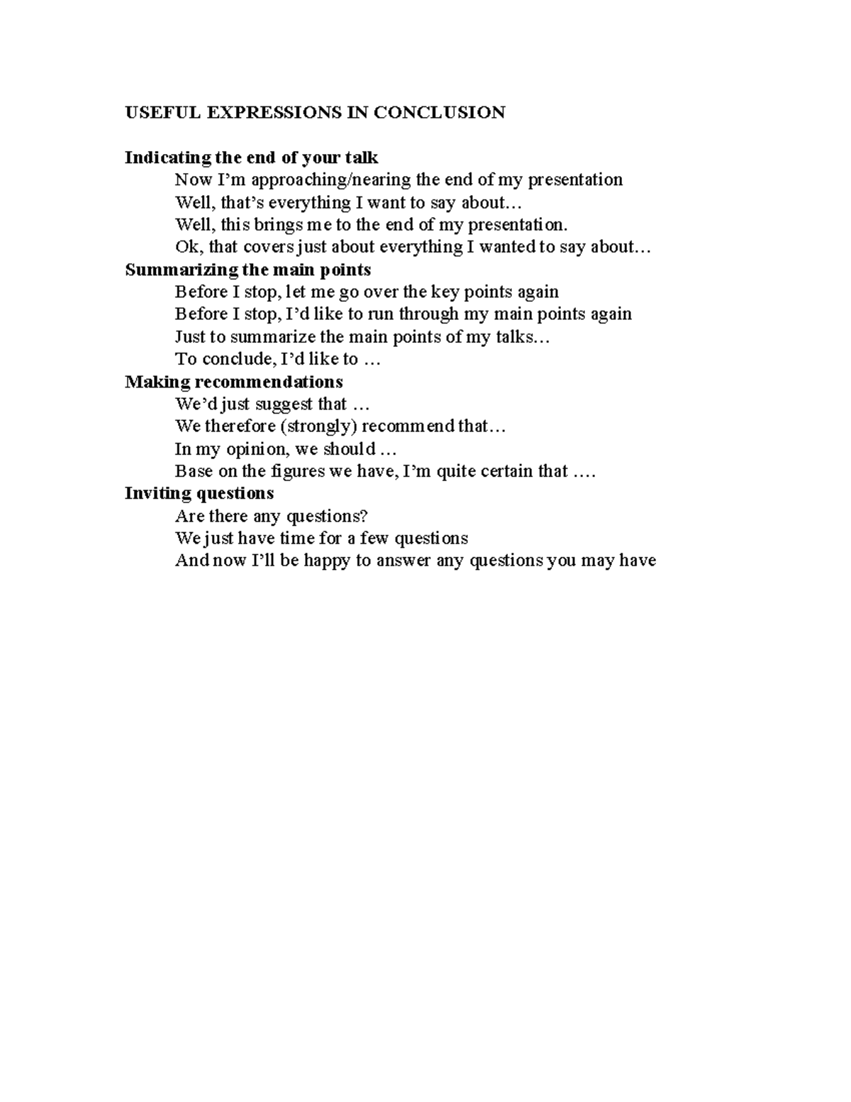 Conclusion: Key Expressions for Effective Presentations - Studocu