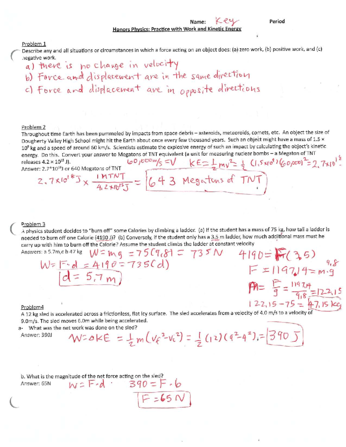 Key Period Honors Physics: Practice with Work & Kinetic Energy - Studocu