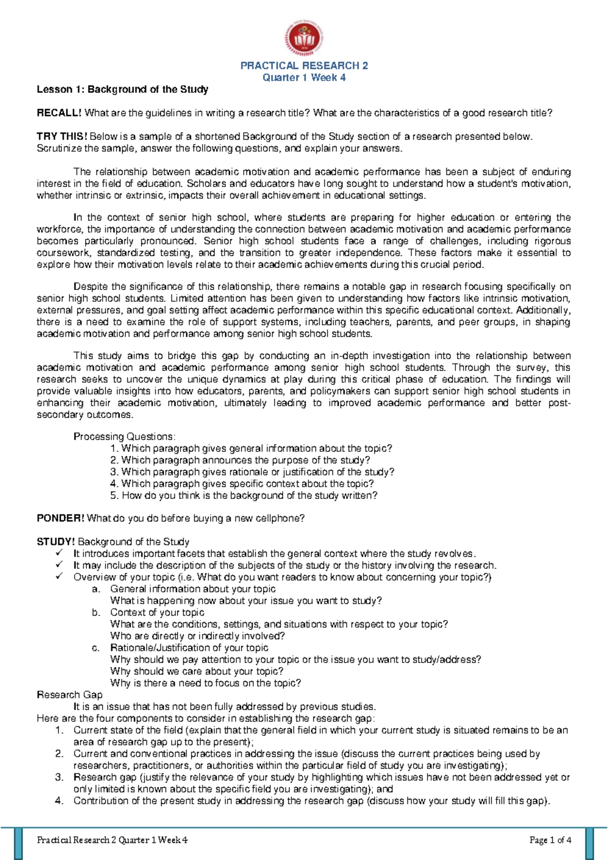 PR2 Q1 Week 3 Lesson Notes - Designing Research Topics - Studocu