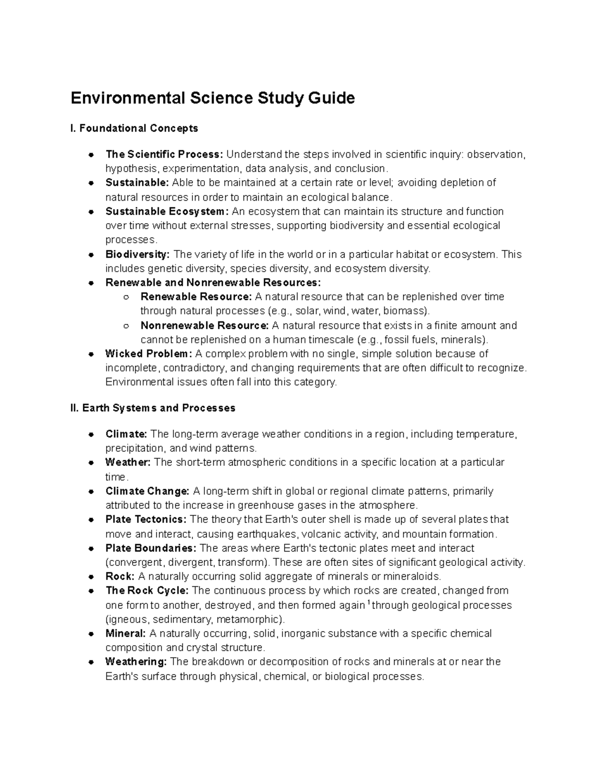 ENV 101 Final Exam Study Guide: Key Concepts in Environmental Science ...