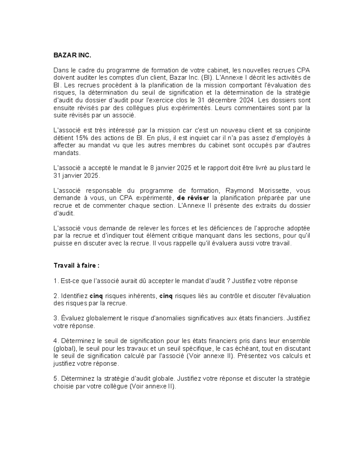 Audit des Comptes Clients de Bazar Inc. (BI) - Étude de Cas CPA - Studocu