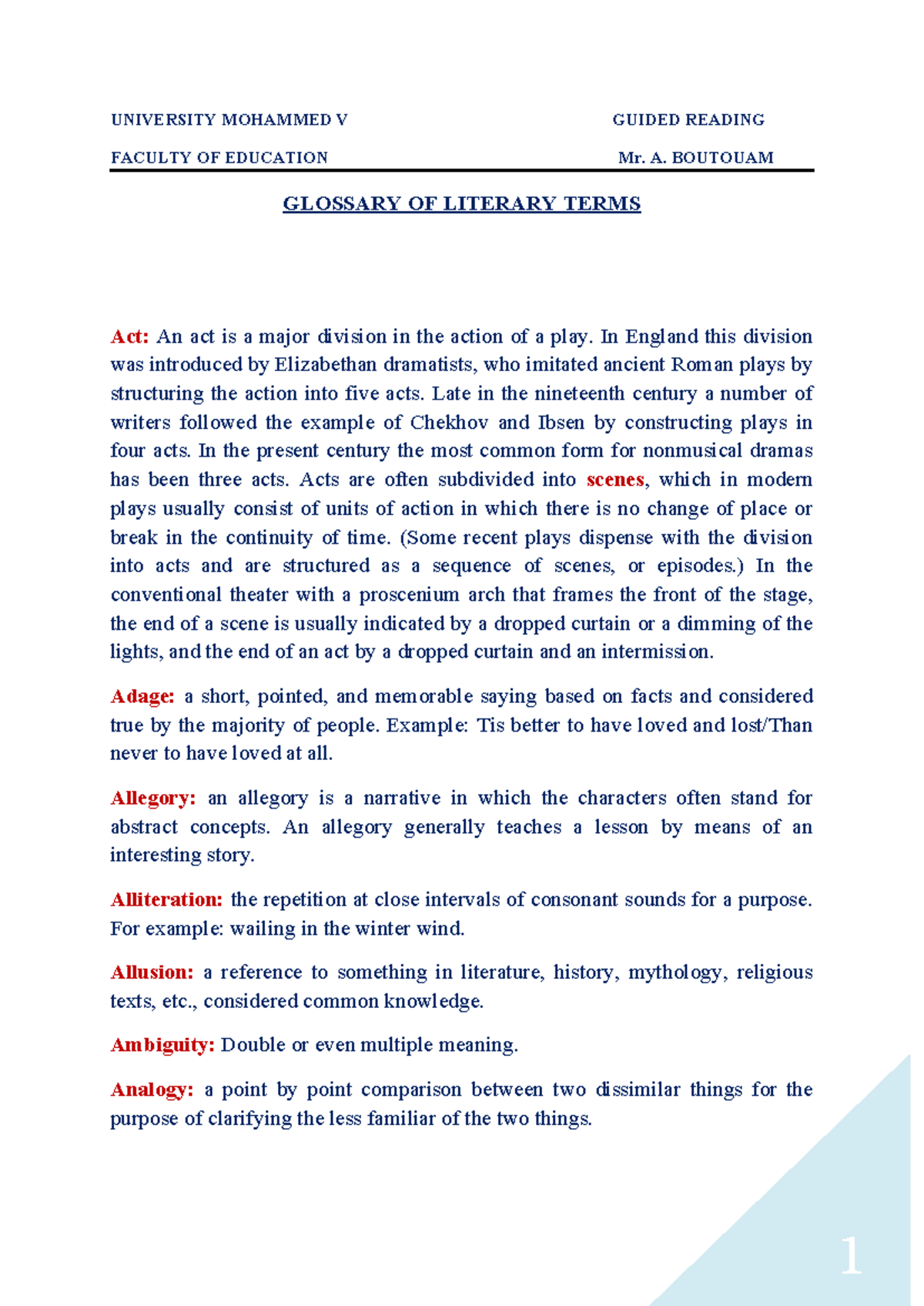 GR Literary Terms Glossary - Key Concepts and Definitions - Studocu