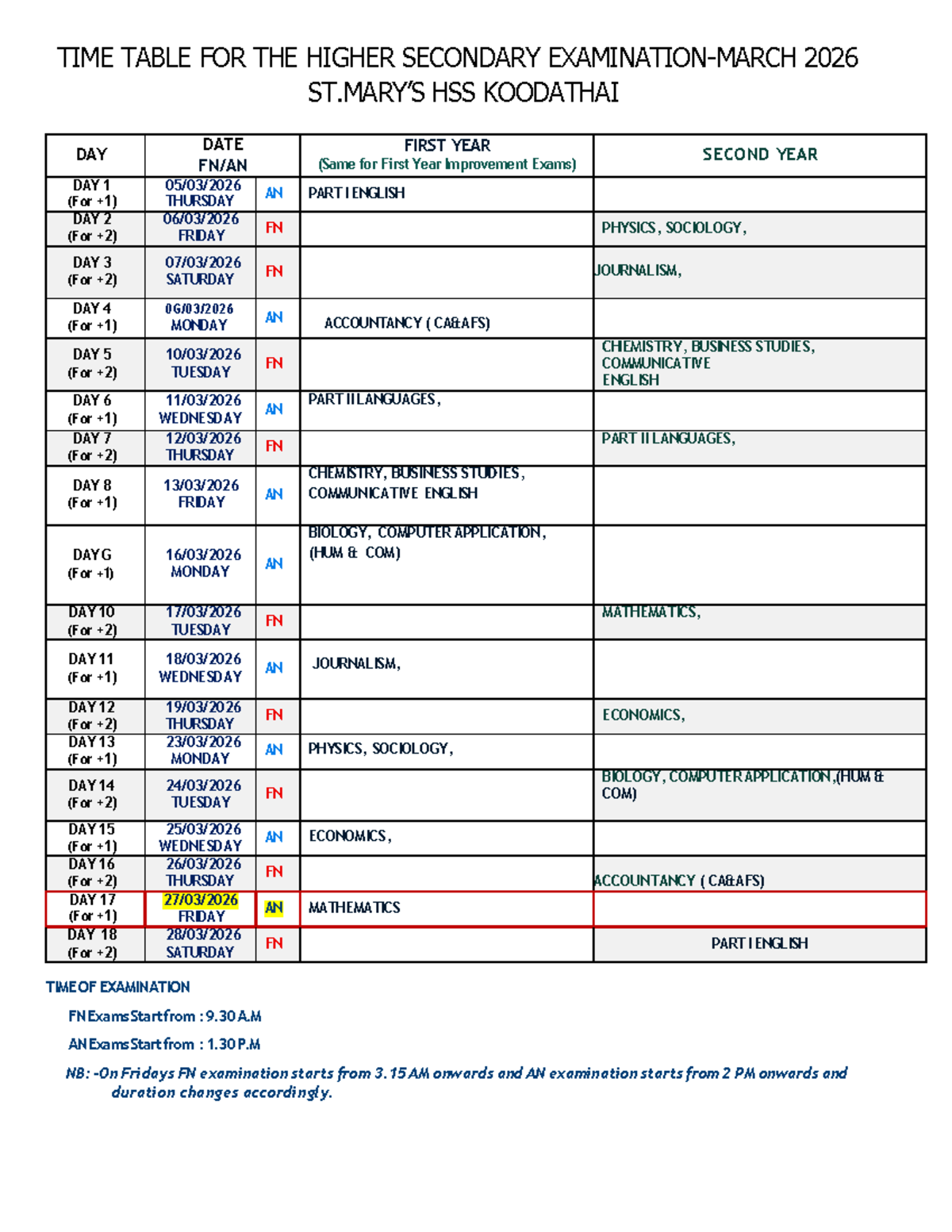 HSS 2026 Exam Time Table for Higher Secondary Students - Studocu