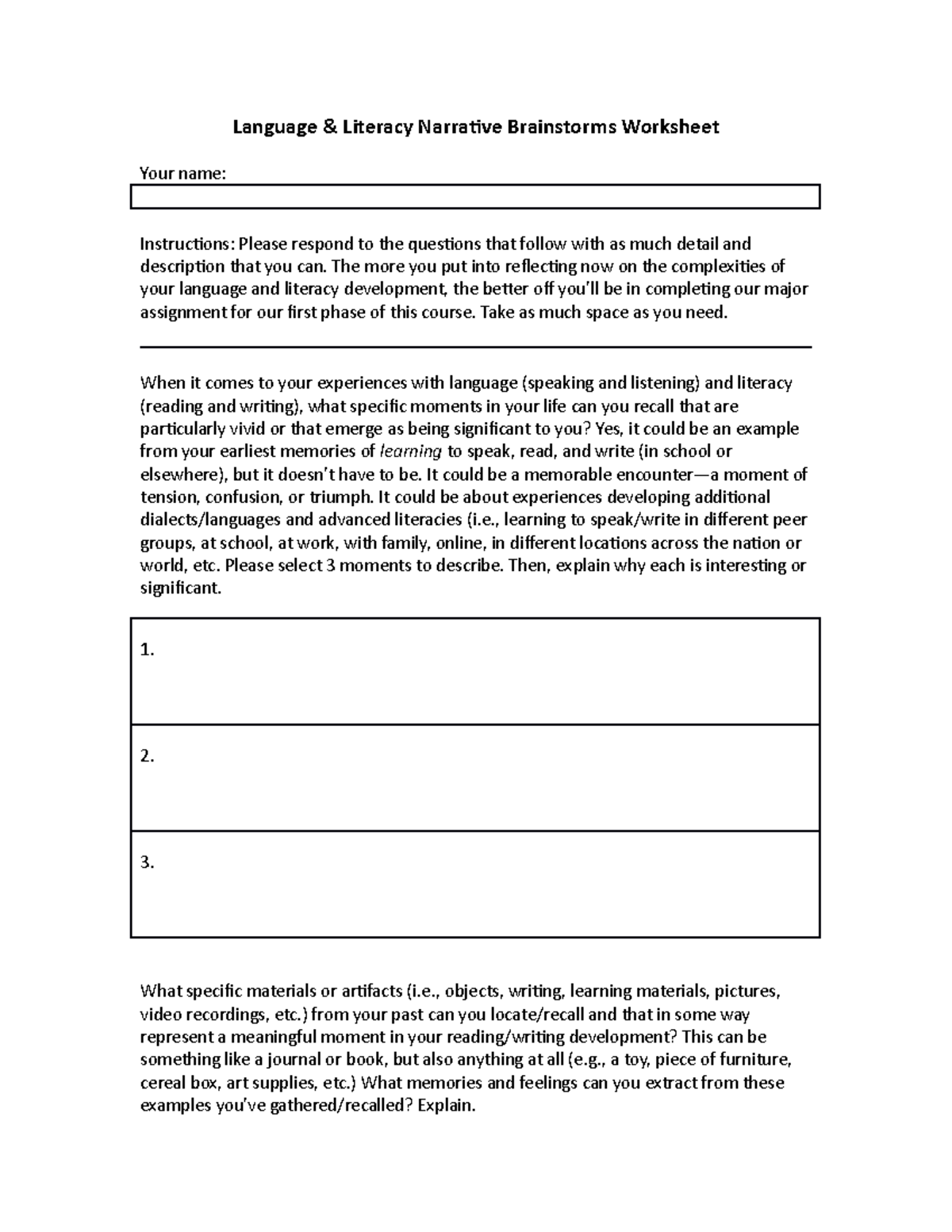 Language & Literacy Narrative Brainstorm Worksheet (ENG 101) - Studocu