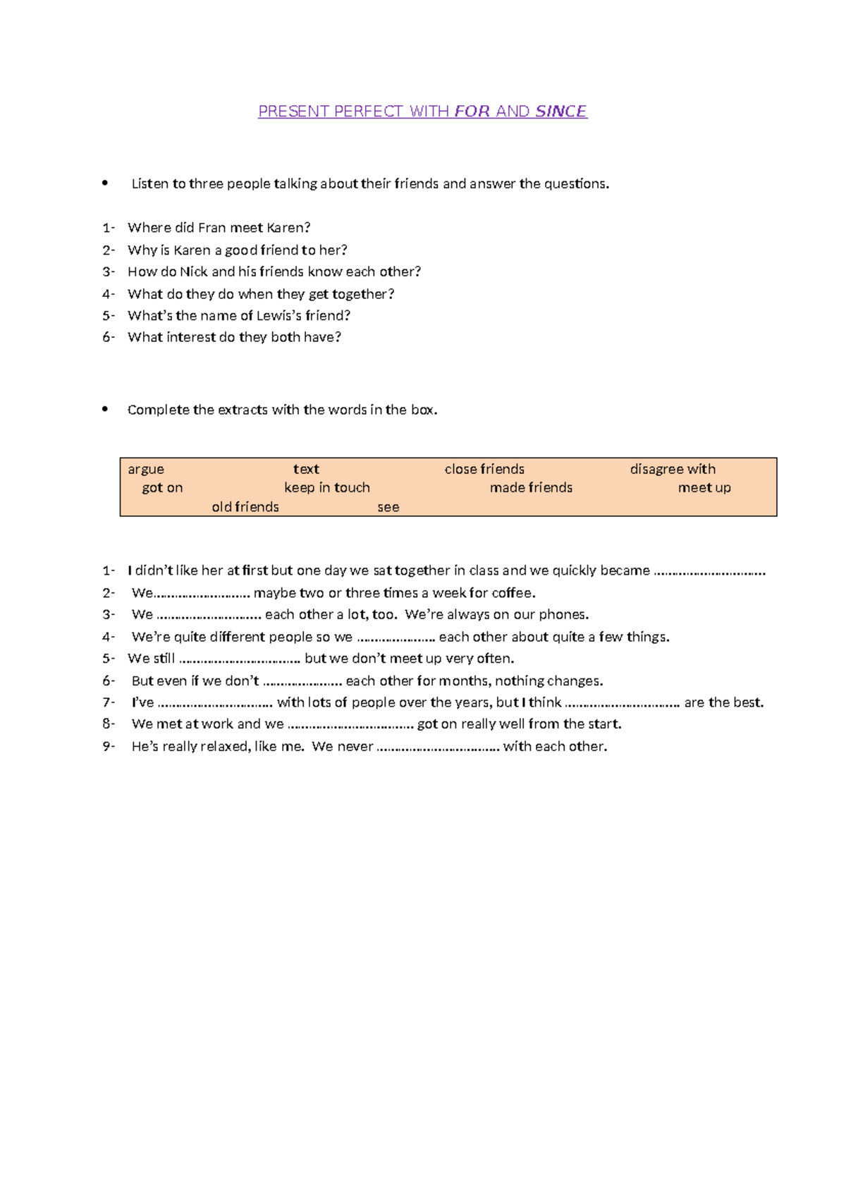 Present Perfect Tense: For and Since - Lesson Notes - Studocu