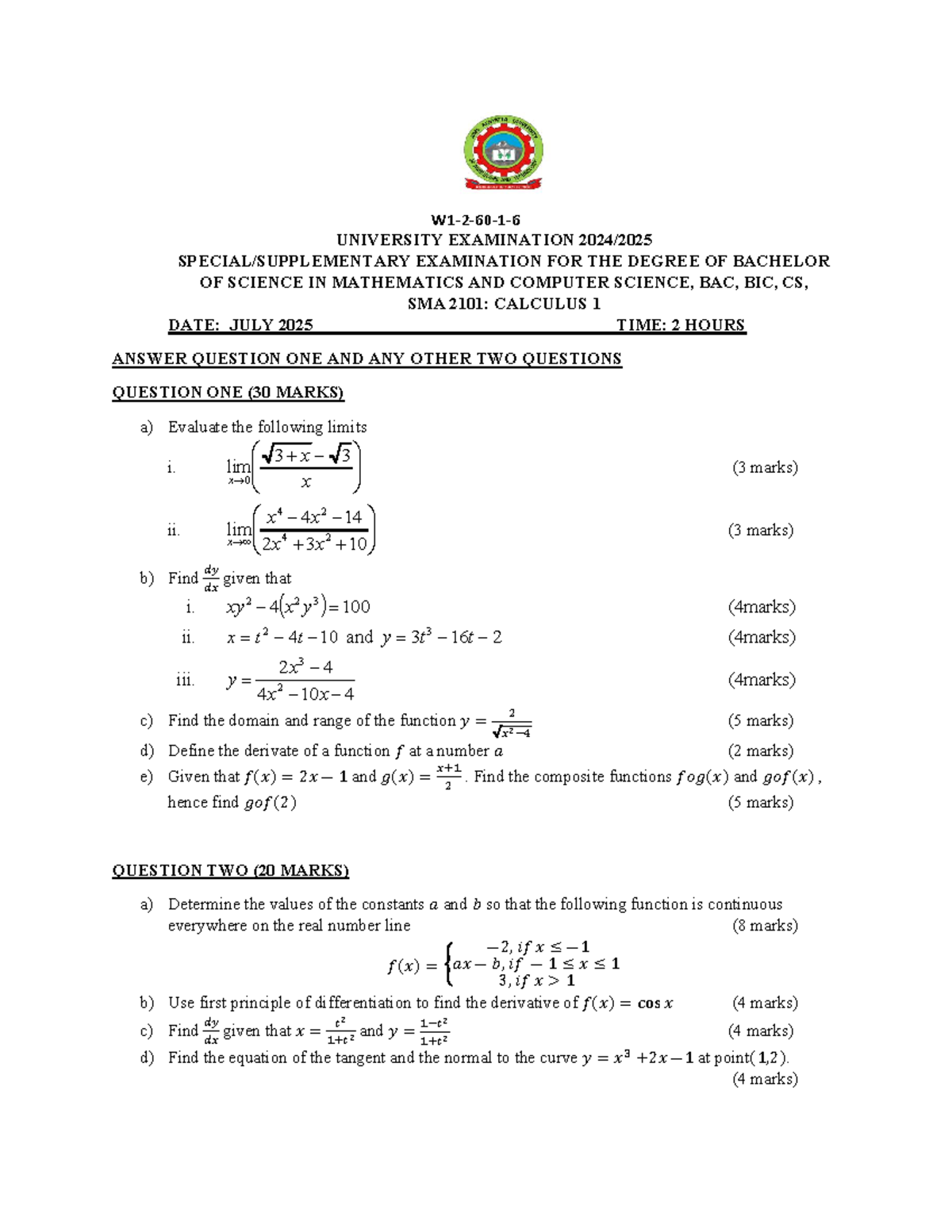 SMA 2101: Calculus 1 Special Supplementary Exam Notes - Studocu