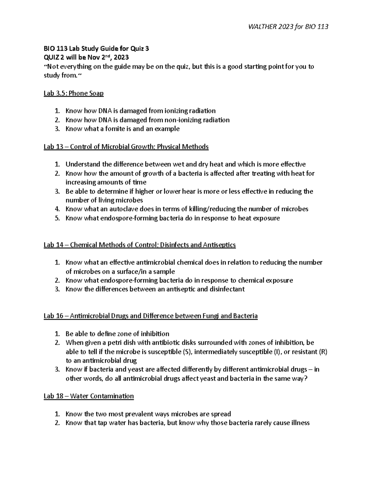 BIO 113 Lab Study Guide for Quiz 3: Key Concepts & Methods - Studocu