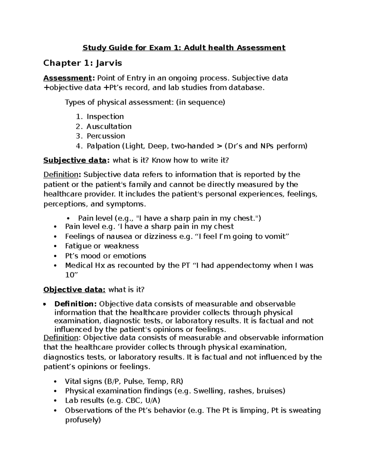 Study Guide for Exam 1: Health Assessment Overview and Key Concepts ...