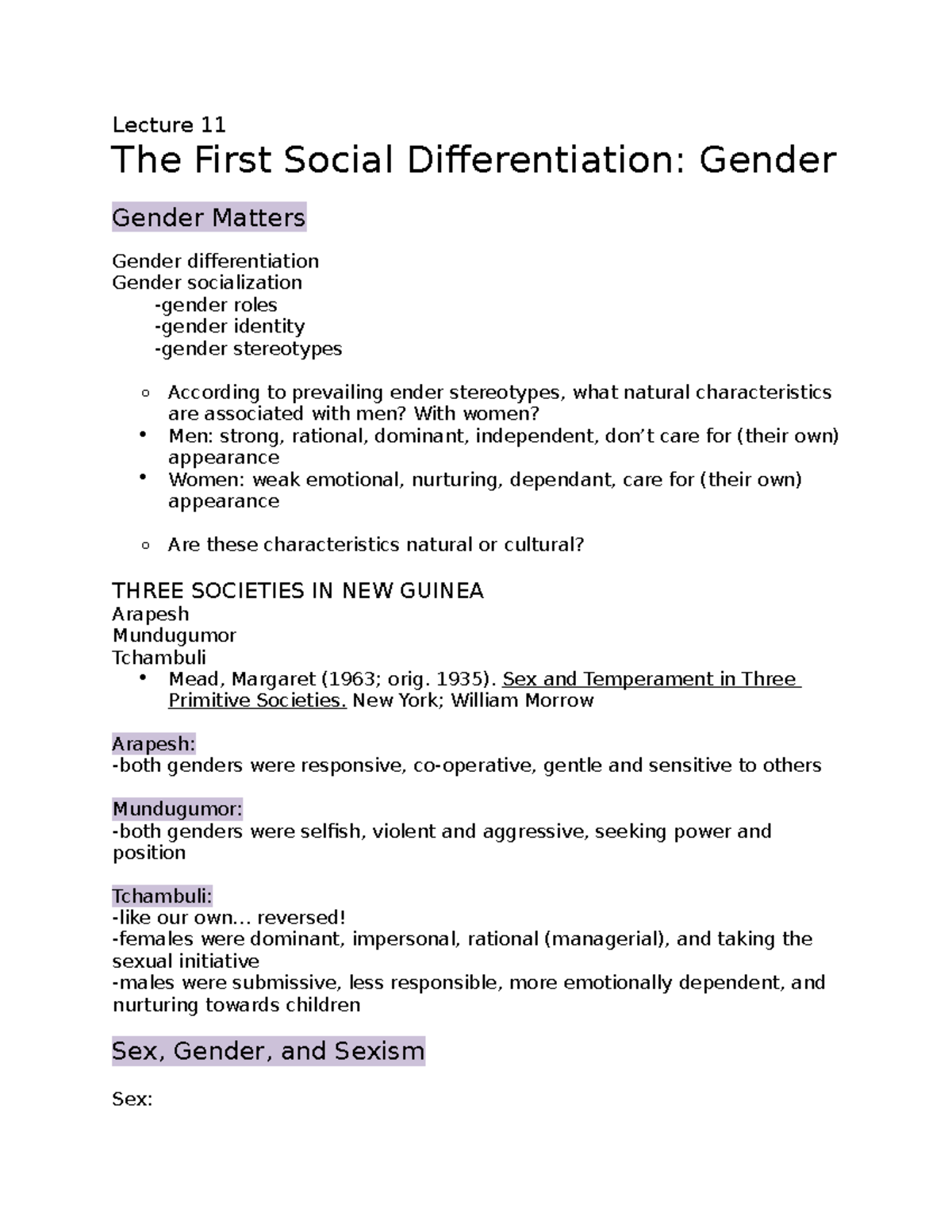 SOC 1101 - Lecture 11: Understanding Gender Differentiation and ...