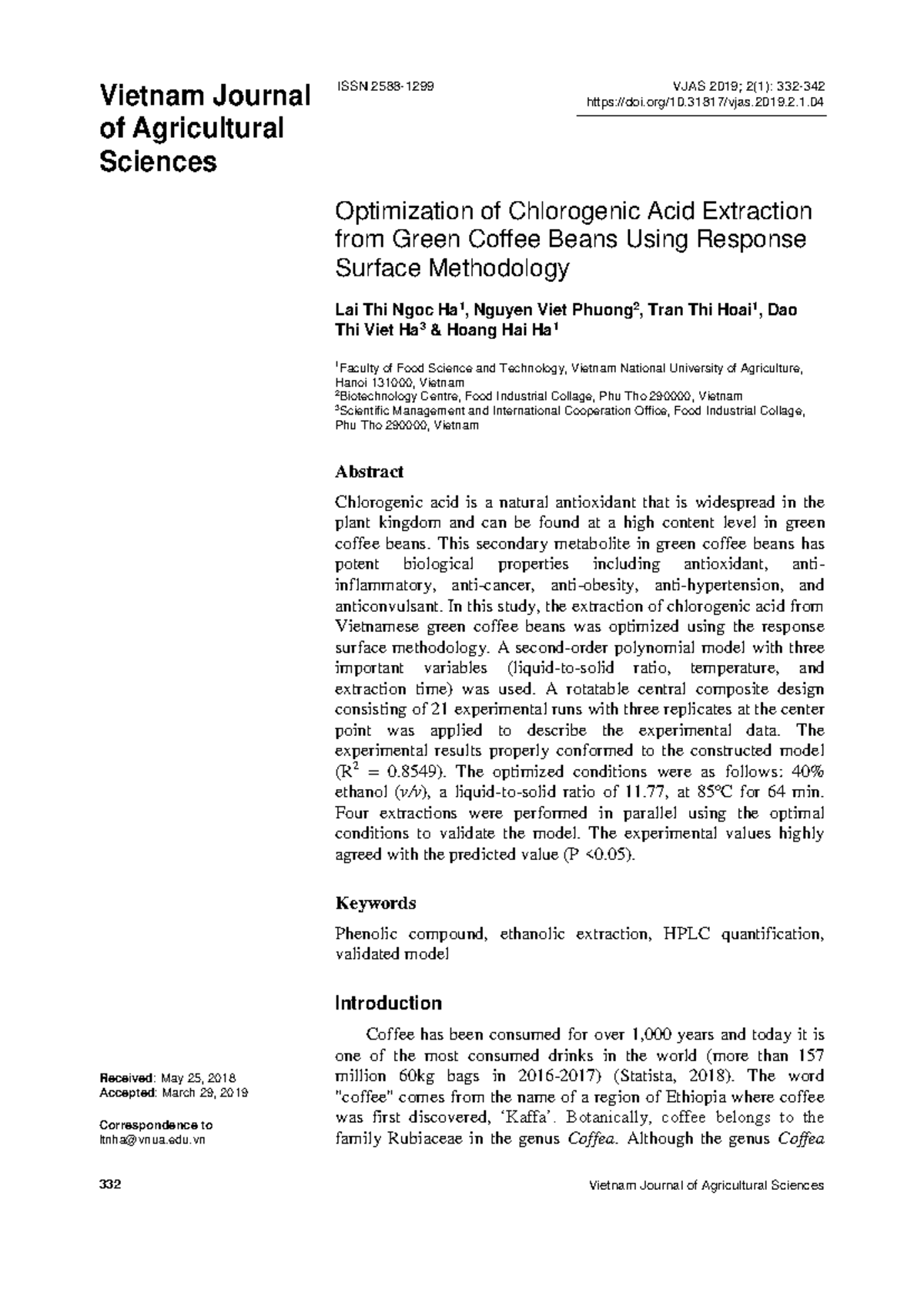 Optimization of Chlorogenic Acid Extraction from Green Coffee Beans ...