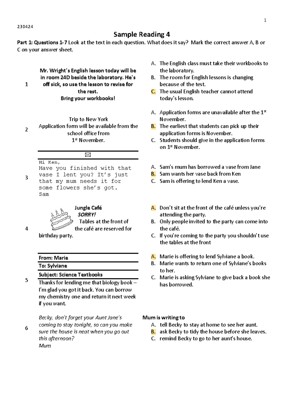 Tiếng Anh 3 - Sample Reading 4 Part 1: Questions and Answers - Studocu