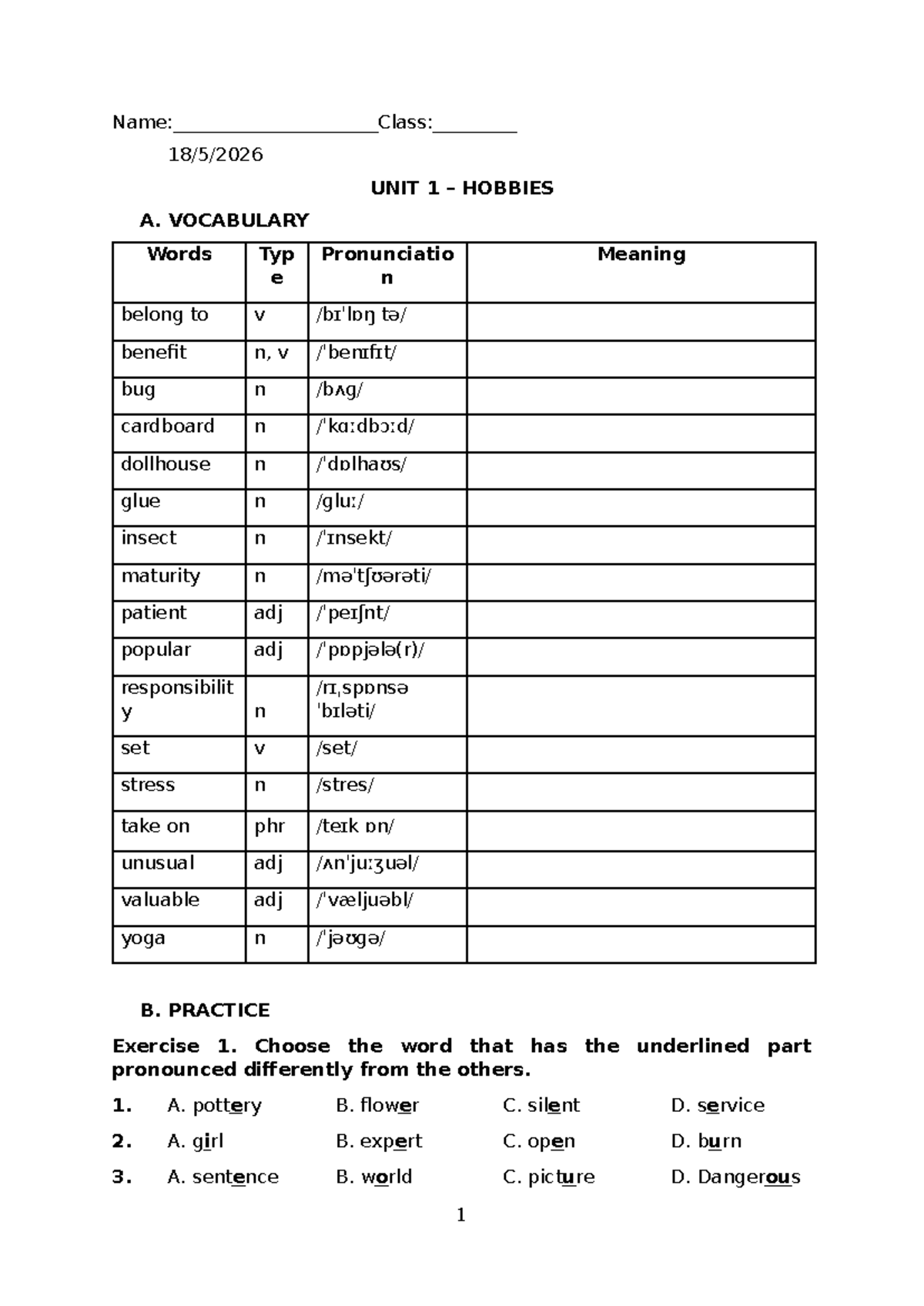 L7 U1 Hobbies Vocabulary & Practice Exercises - Studocu