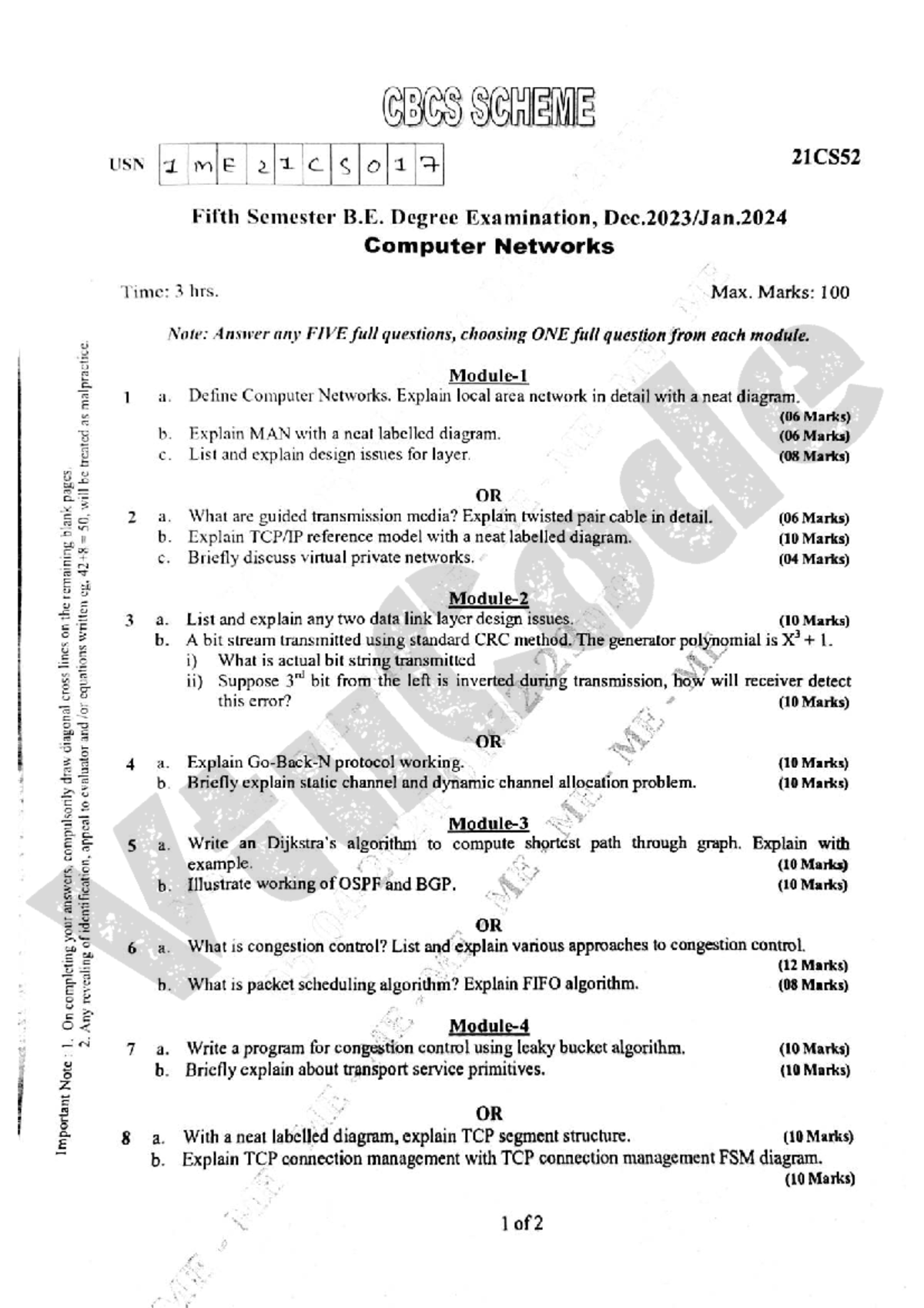 CBCS 21CS52 Fifth Sem B.E. Exam: Computer Networks Previous Year Paper ...