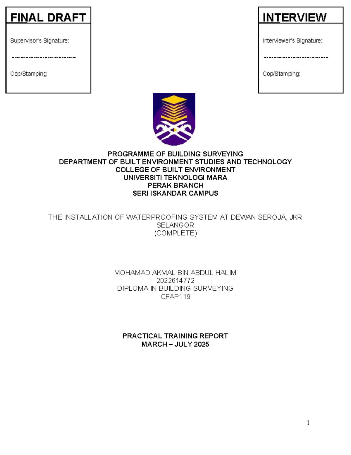 CFAP119 Final Report on Waterproofing System Installation at Dewan ...