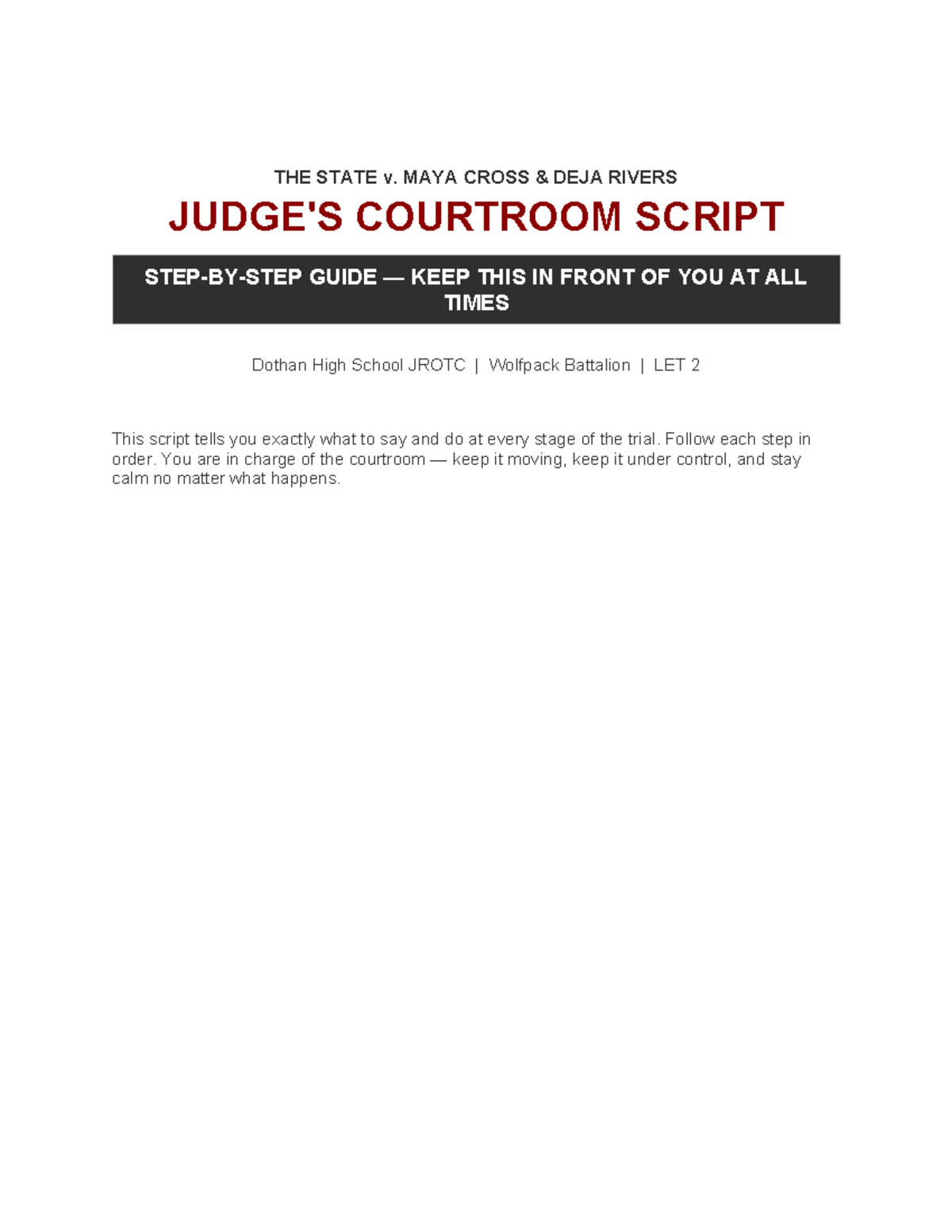 Courtroom Script Guide for The State v. Maya Cross & Deja Rivers (JROTC ...