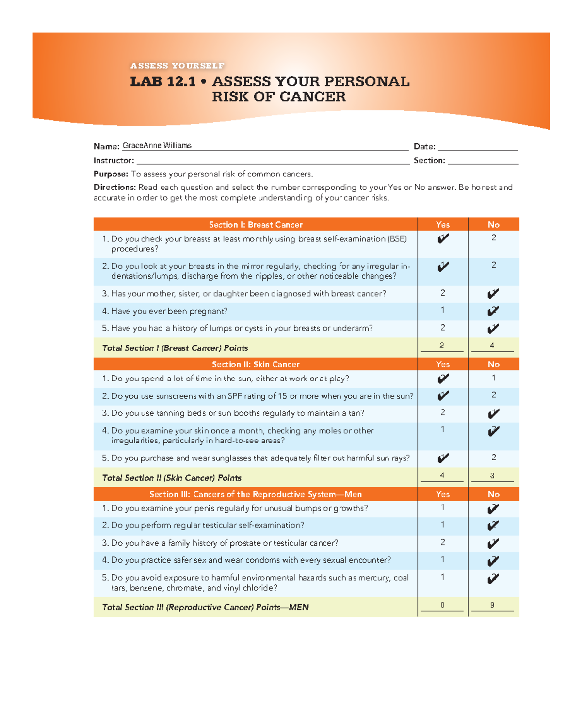 Cancer Risk Assessment Lab 12.1 - Personal Evaluation Guide - Studocu