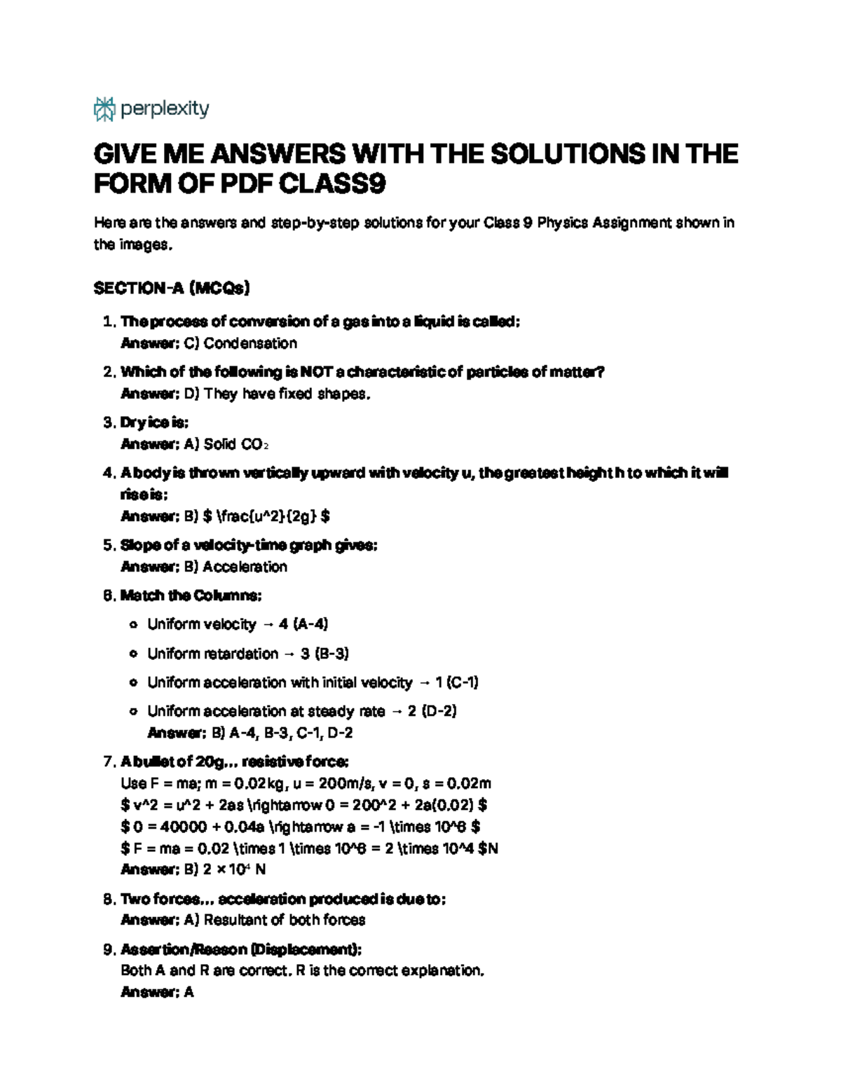 Class 9 Physics Assignment Solutions (PDF) - Studocu