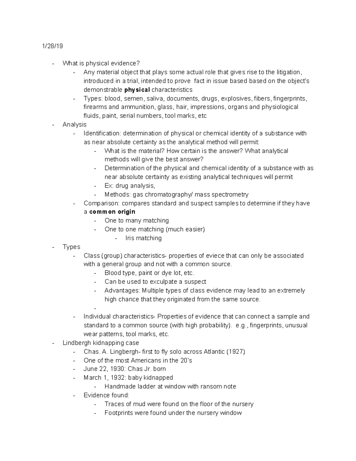 Class Notes- Ch.2 Physical Evidence - 1/28/ What is physical evidence ...