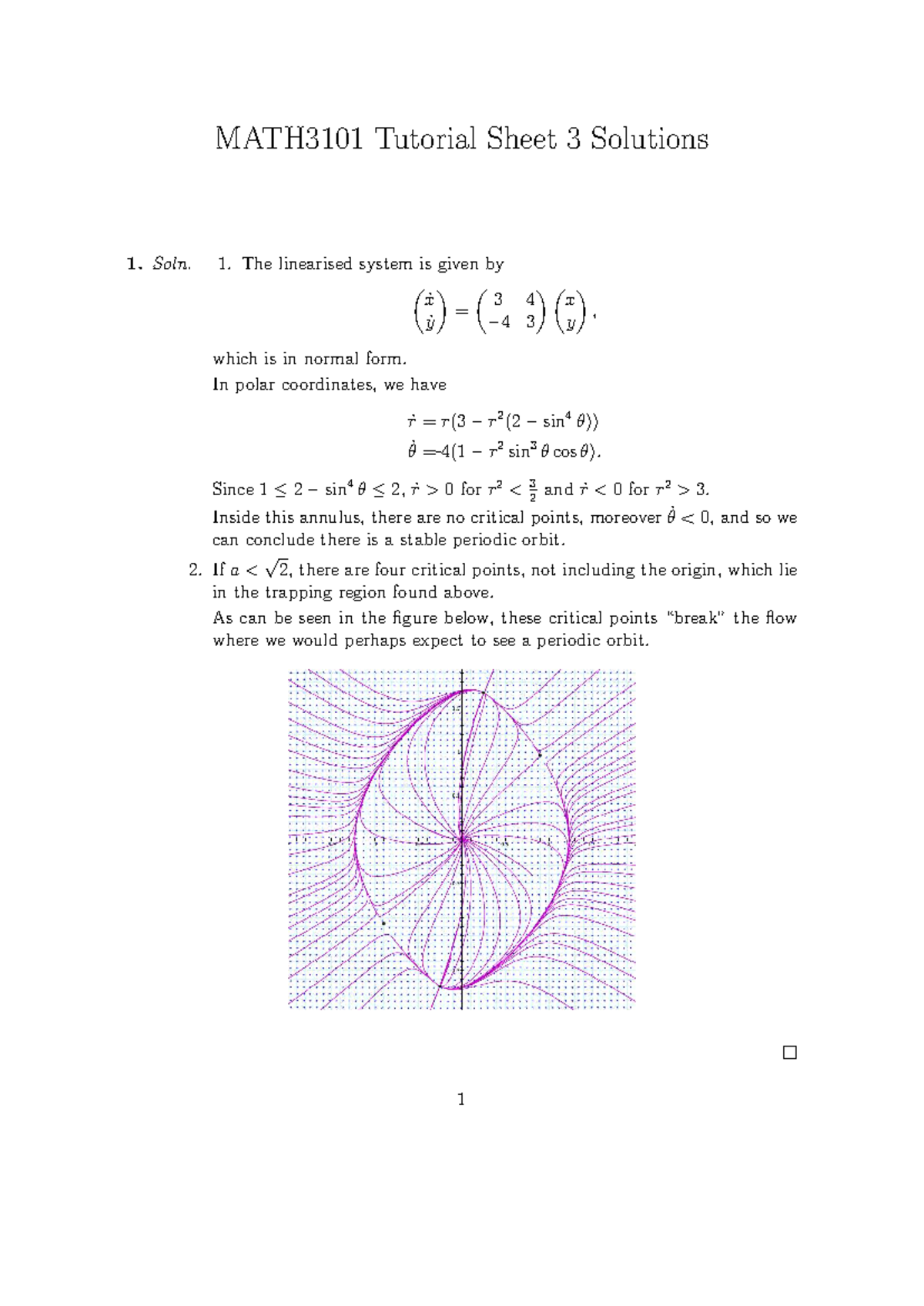 MATH3101 Tutorial Sheet 3 Solutions: Linear Systems & Bifurcations ...