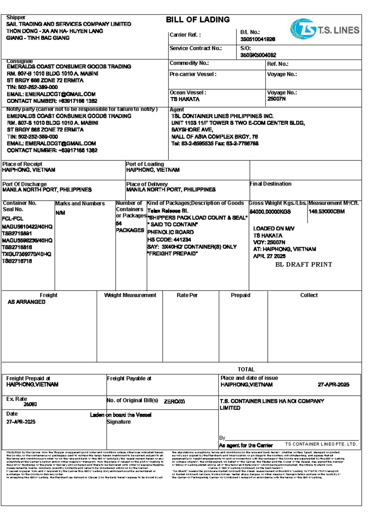 BL Draft Print: Shipper Bill of Lading for TS Container Lines PTE. LTD ...