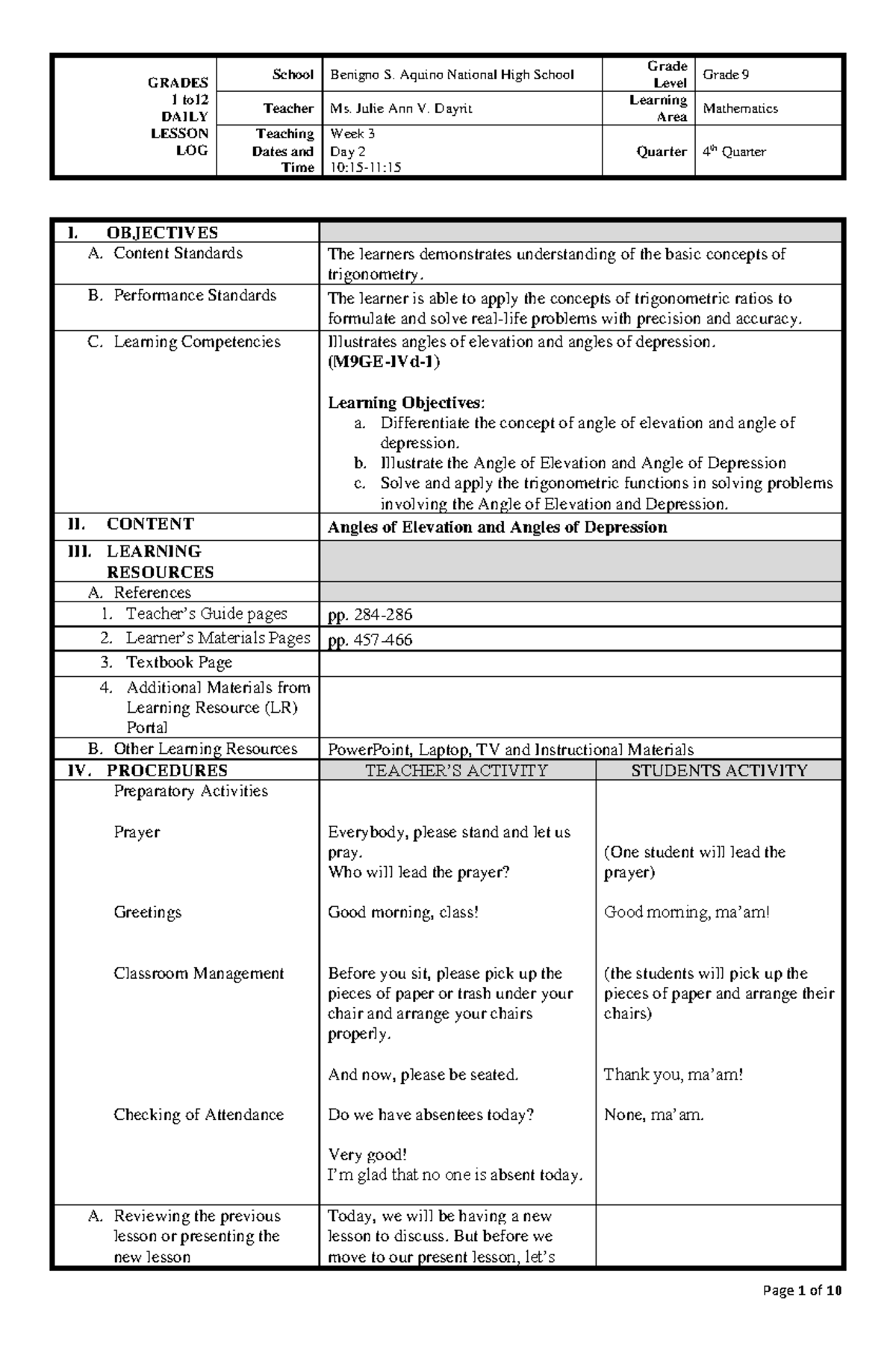 Lesson PLAN for DEMO - MATHEMATICS - GRADES 1 to DAILY LESSON LOG ...