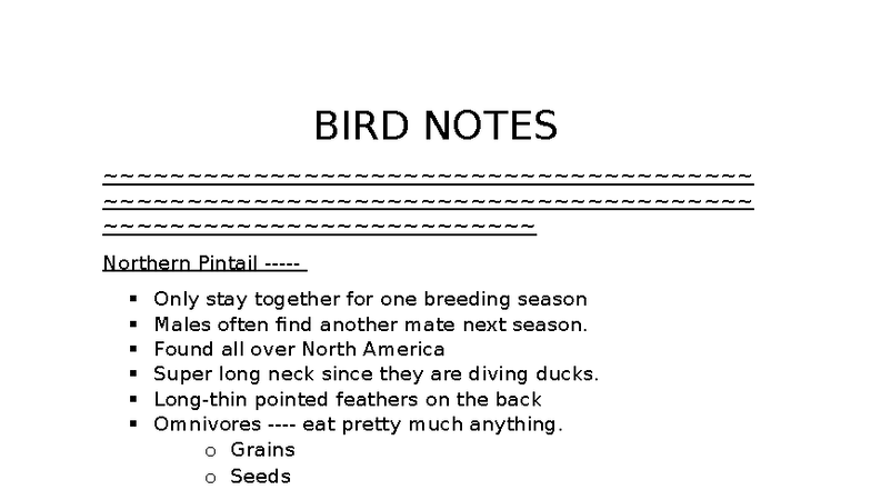 BIRD NOTES: Northern Pintail & Other Species Overview - Studocu