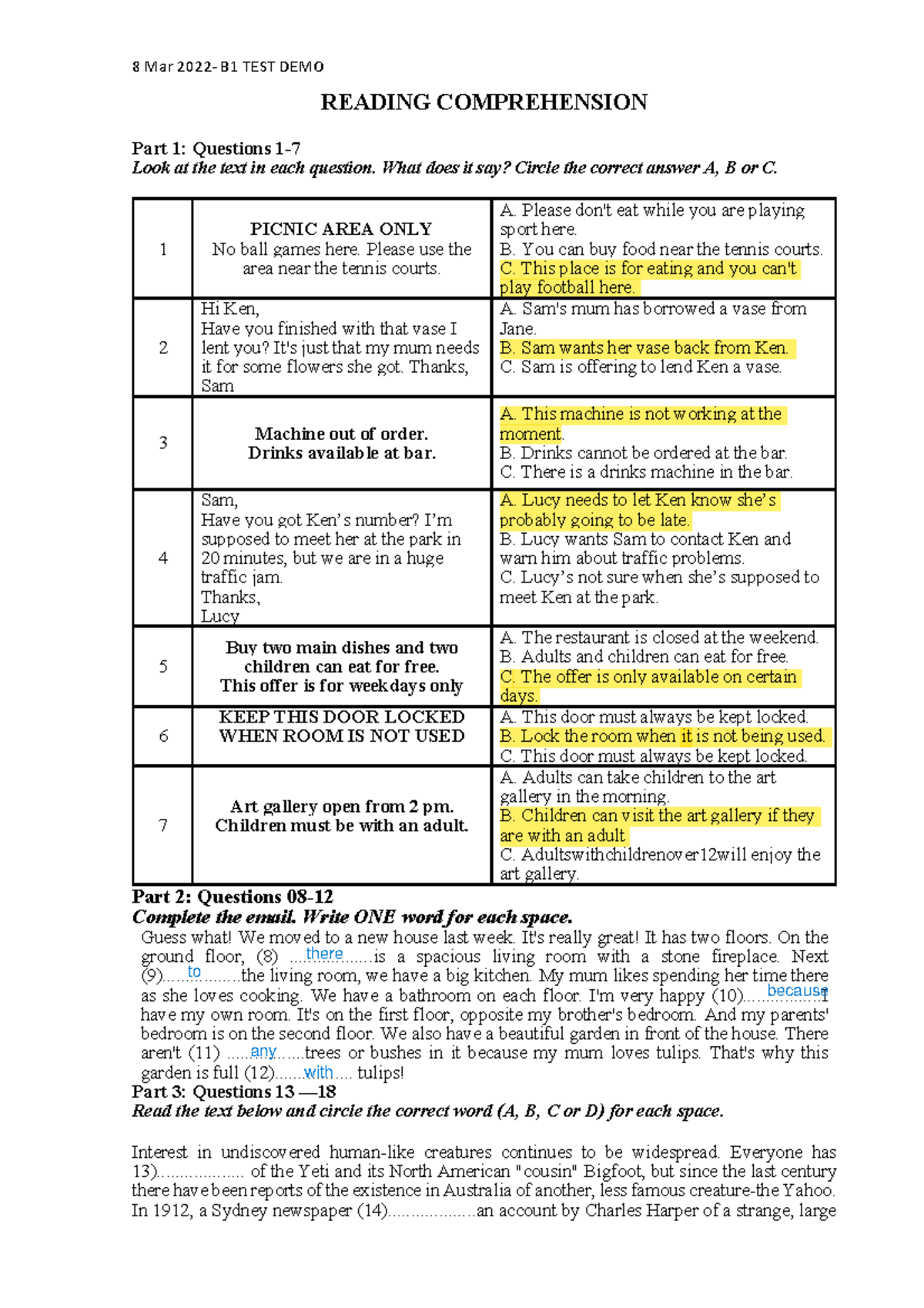 B1 TEST DEMO - Reading Comprehension Practice in English - Studocu