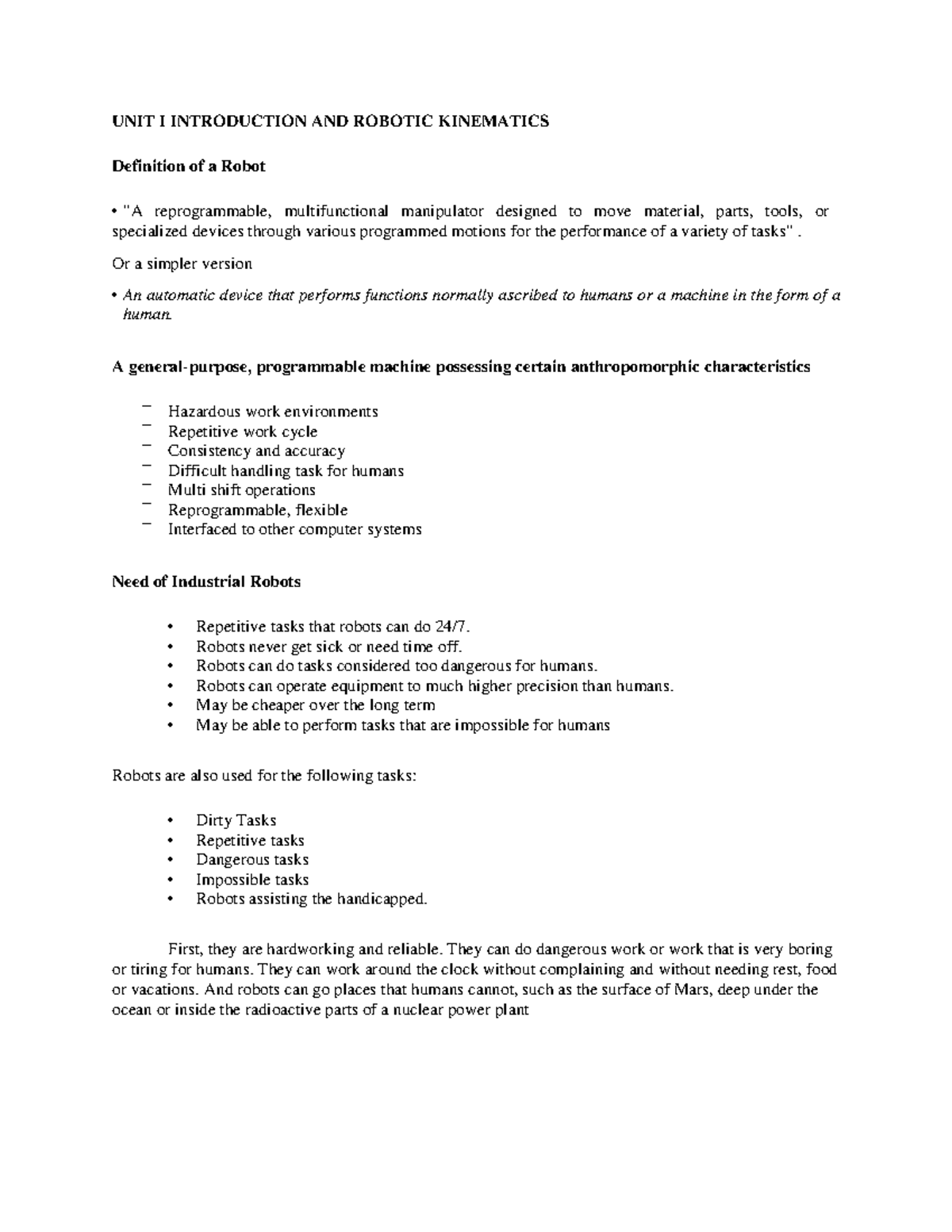 Basic Robotics - short not - UNIT I INTRODUCTION AND ROBOTIC KINEMATICS ...