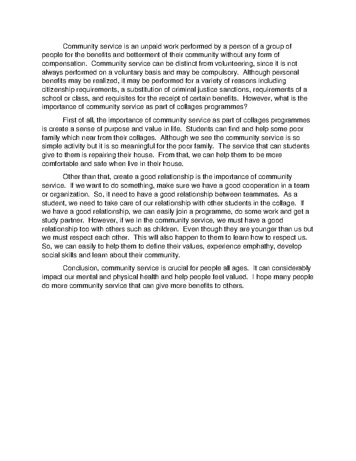 ESSAY ENGLISH ELC231 - Community service is an unpaid work performed by ...