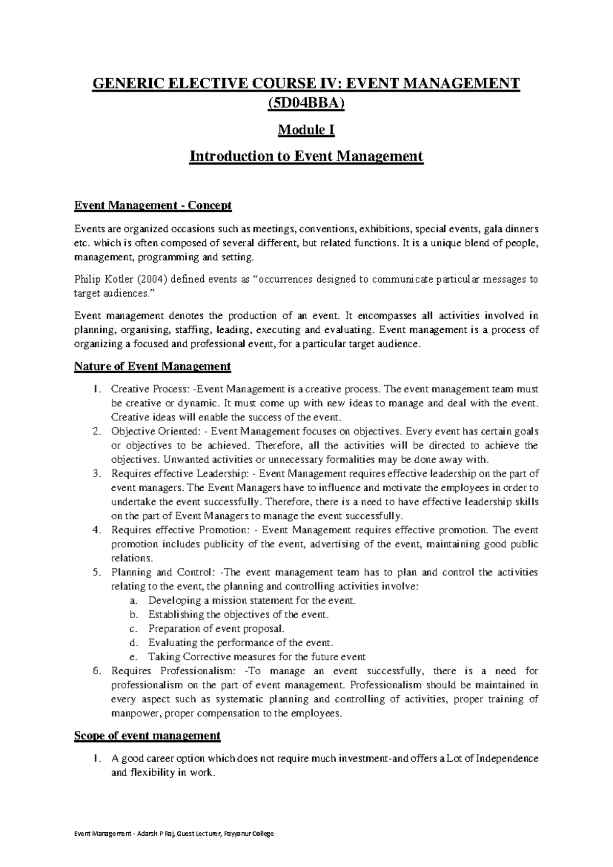 Event Management Course IV (5D04BBA): Module I & II Notes - Studocu