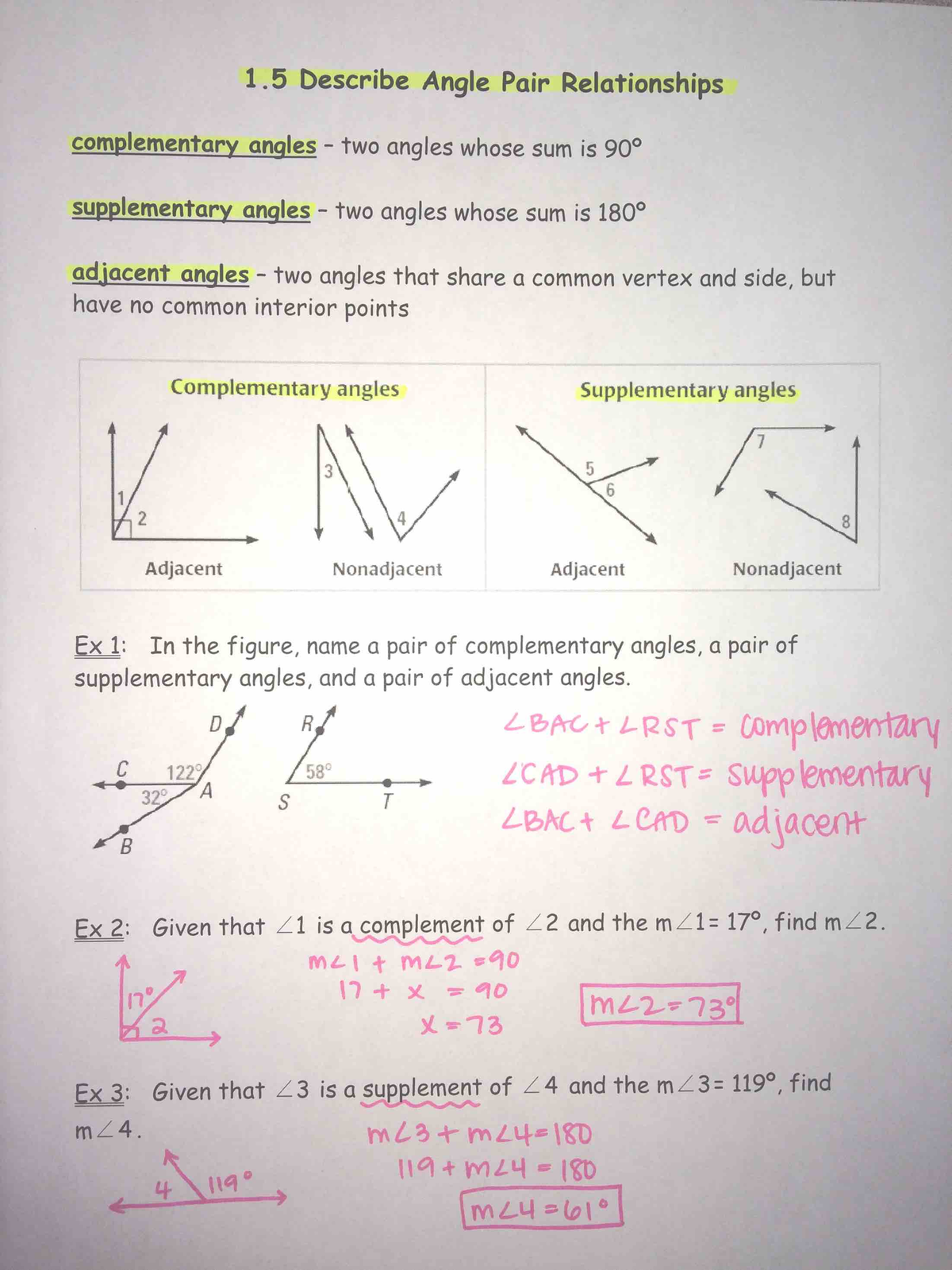 1 - math - 1 Describe Angle Pair Relationships complementary angles two ...