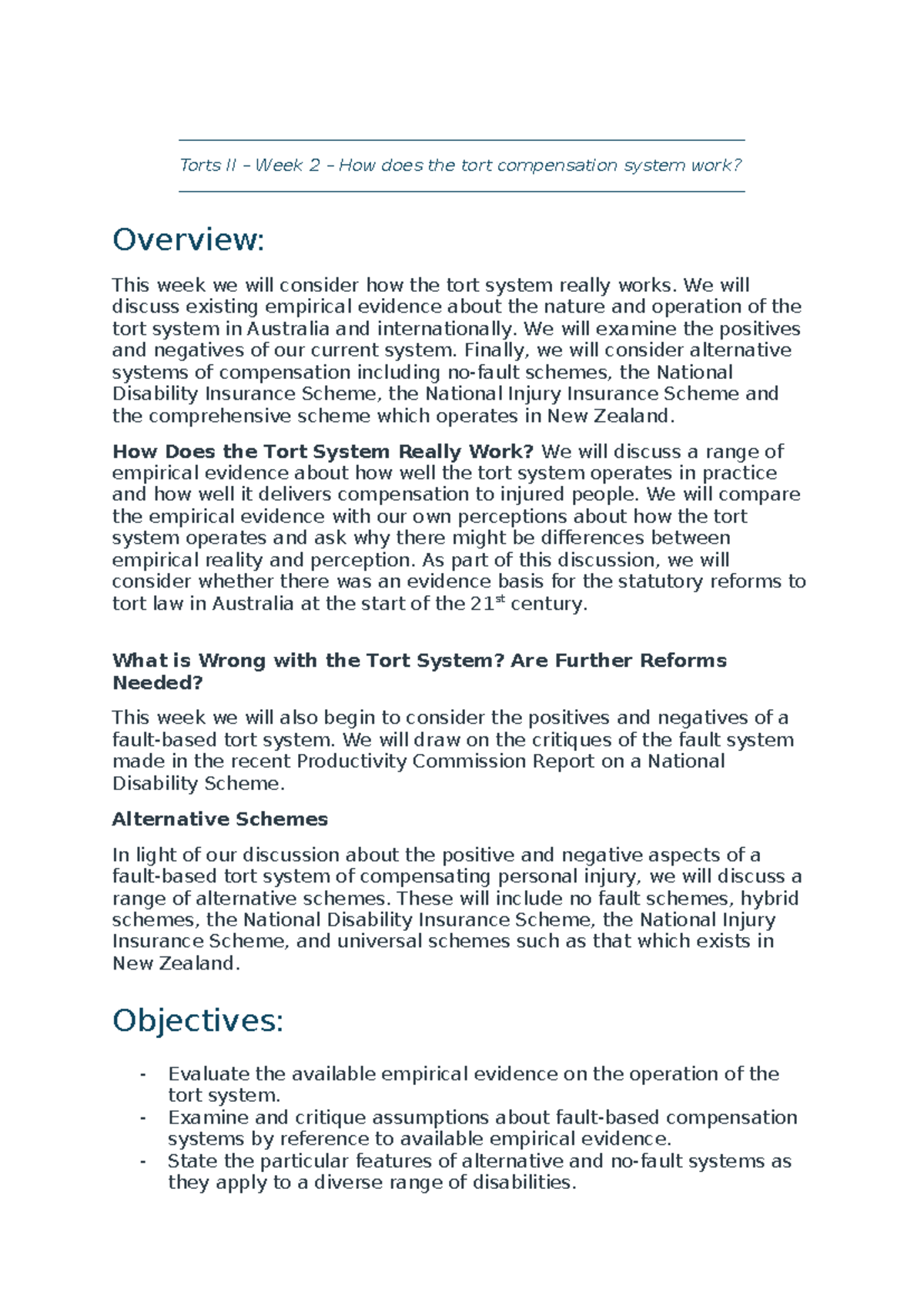 Torts II - Week 2: Understanding the Tort Compensation System - Studocu