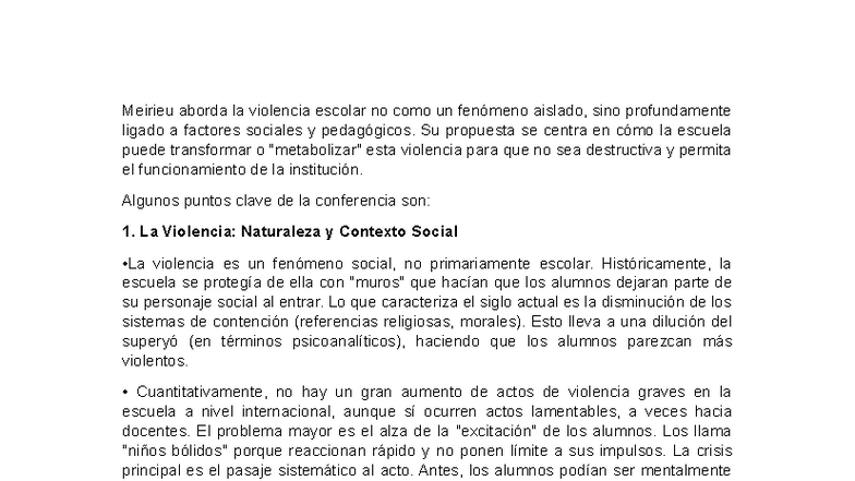 Resumen de la Conferencia de Meirieu sobre Violencia Escolar - Studocu