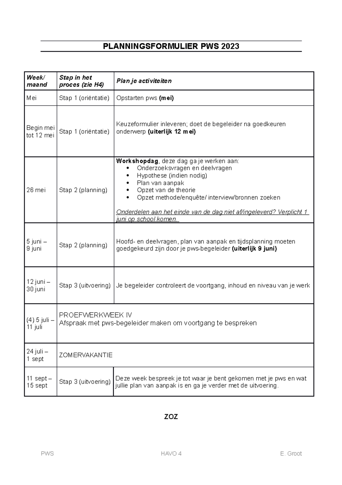 PWS Planning Form 2023 for HAVO 4 and VWO 5 Students - Studeersnel
