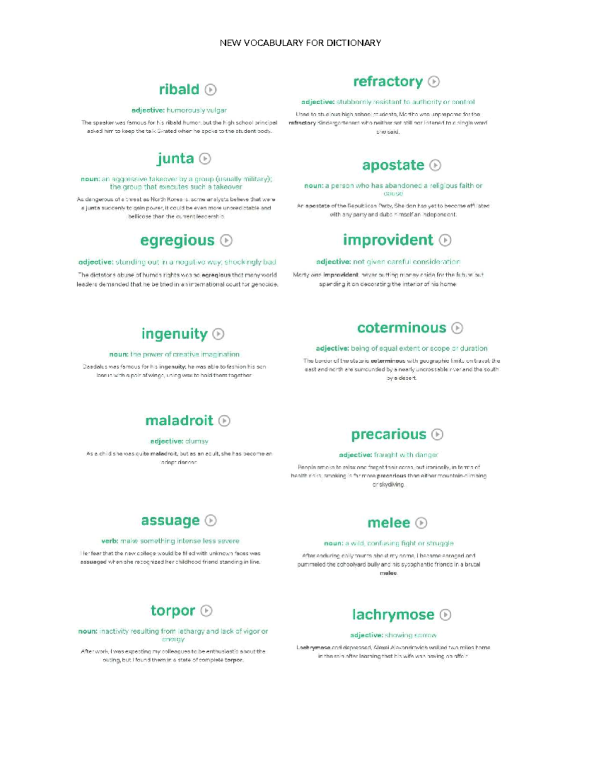 New Vocabulary for Dictionary: Essential Terms and Definitions - Studocu