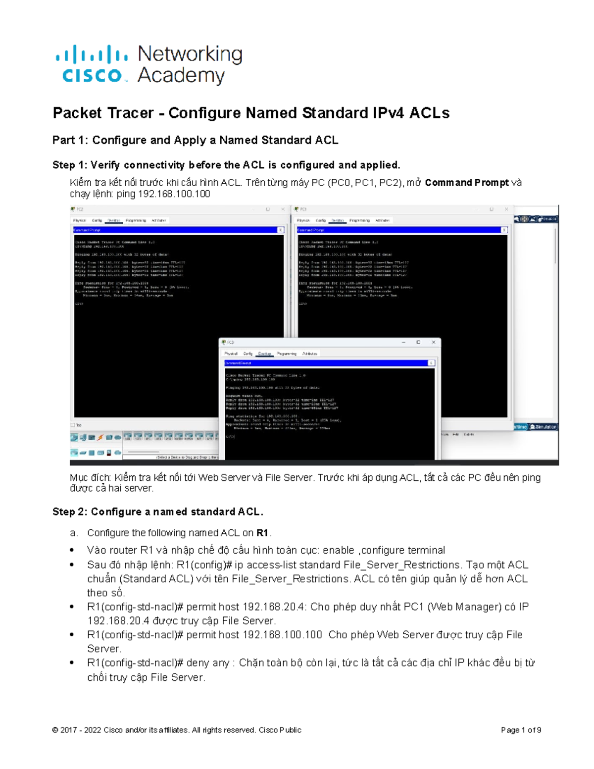 Packet Tracer - Configuring Named Standard IPv4 ACLs Guide - Studocu