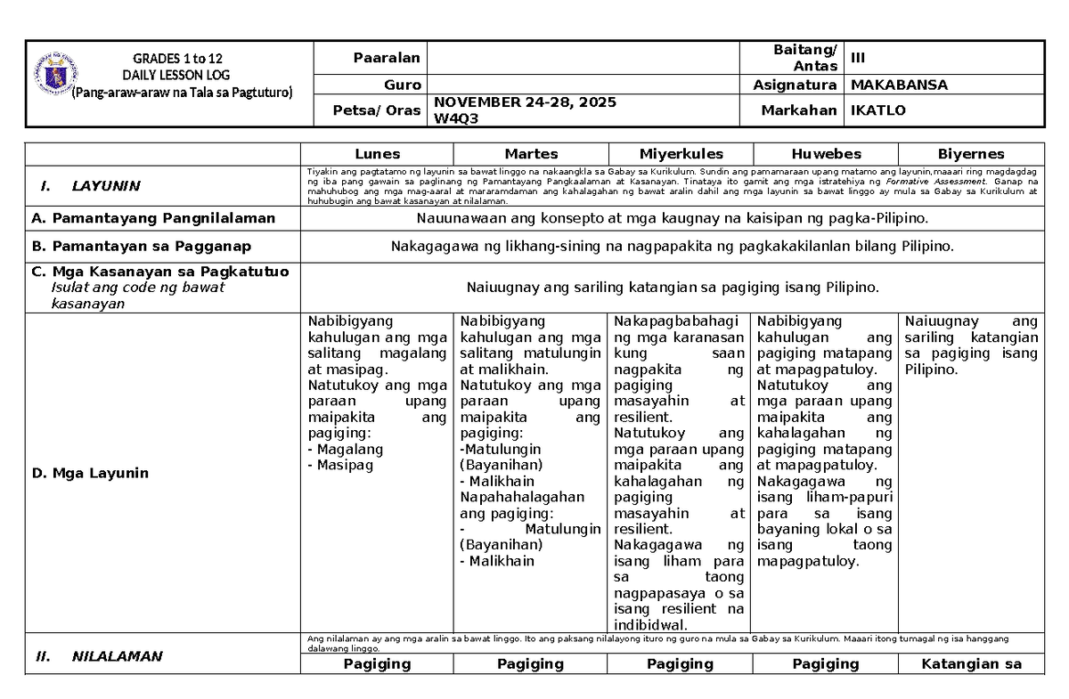 MATATAG K to 10 Curriculum: Daily Lesson Log for Week 4, Q3 - Studocu