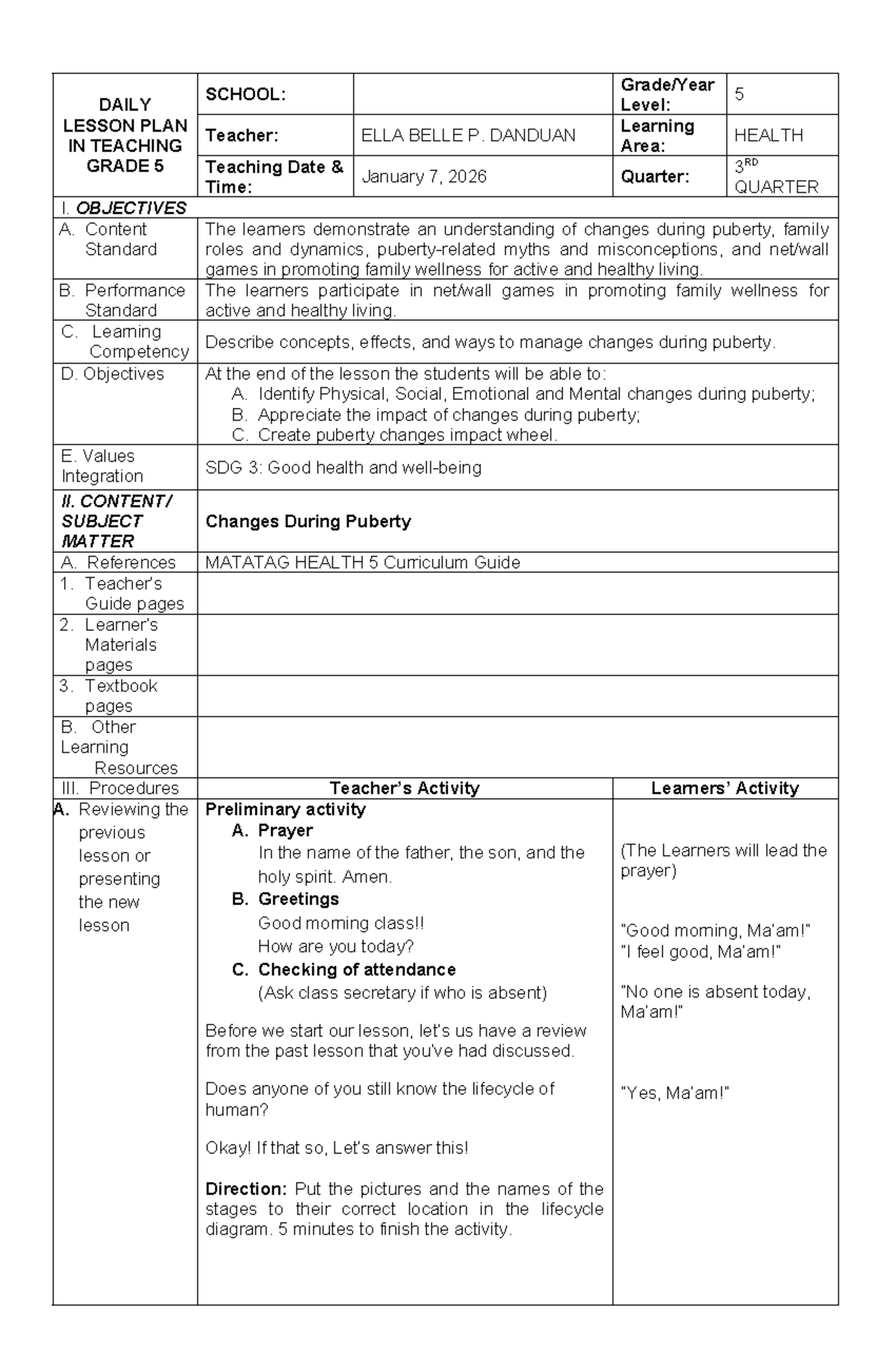 DAILY LESSON PLAN: PUBERTY CHANGES FOR GRADE 5 (HEALTH 3RD QTR) - Studocu