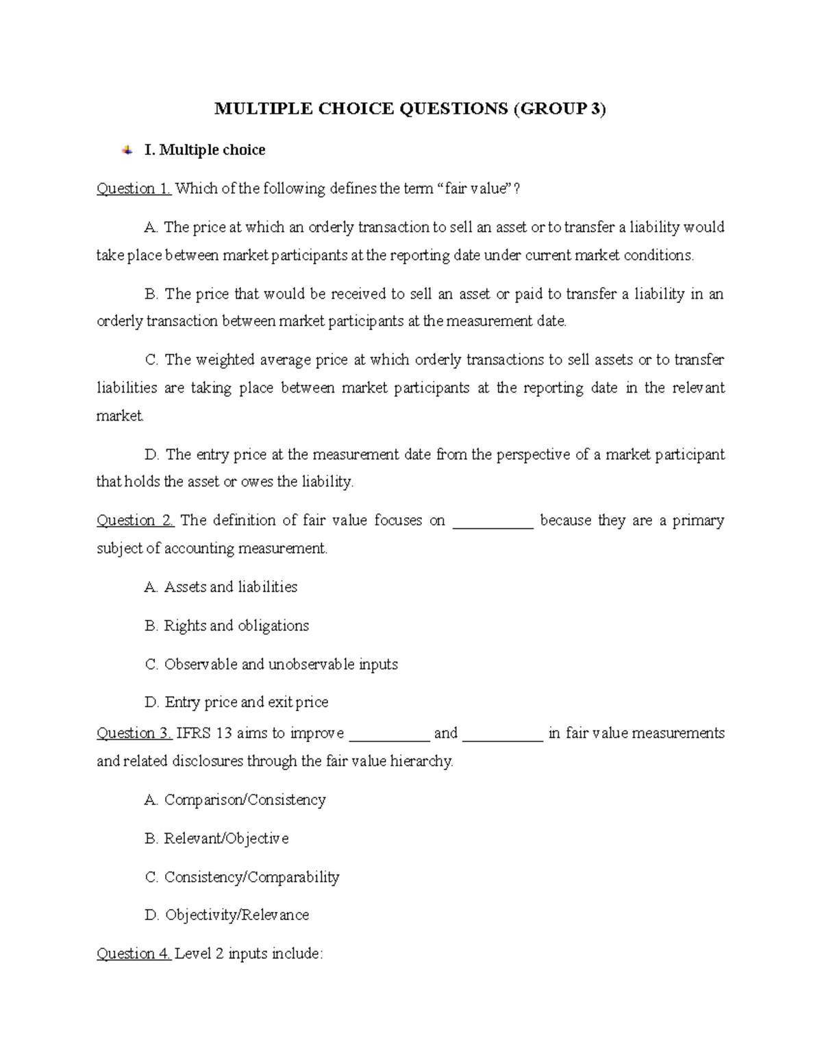 Multiple Choice Questions on Fair Value Measurement (Course Code) - Studocu