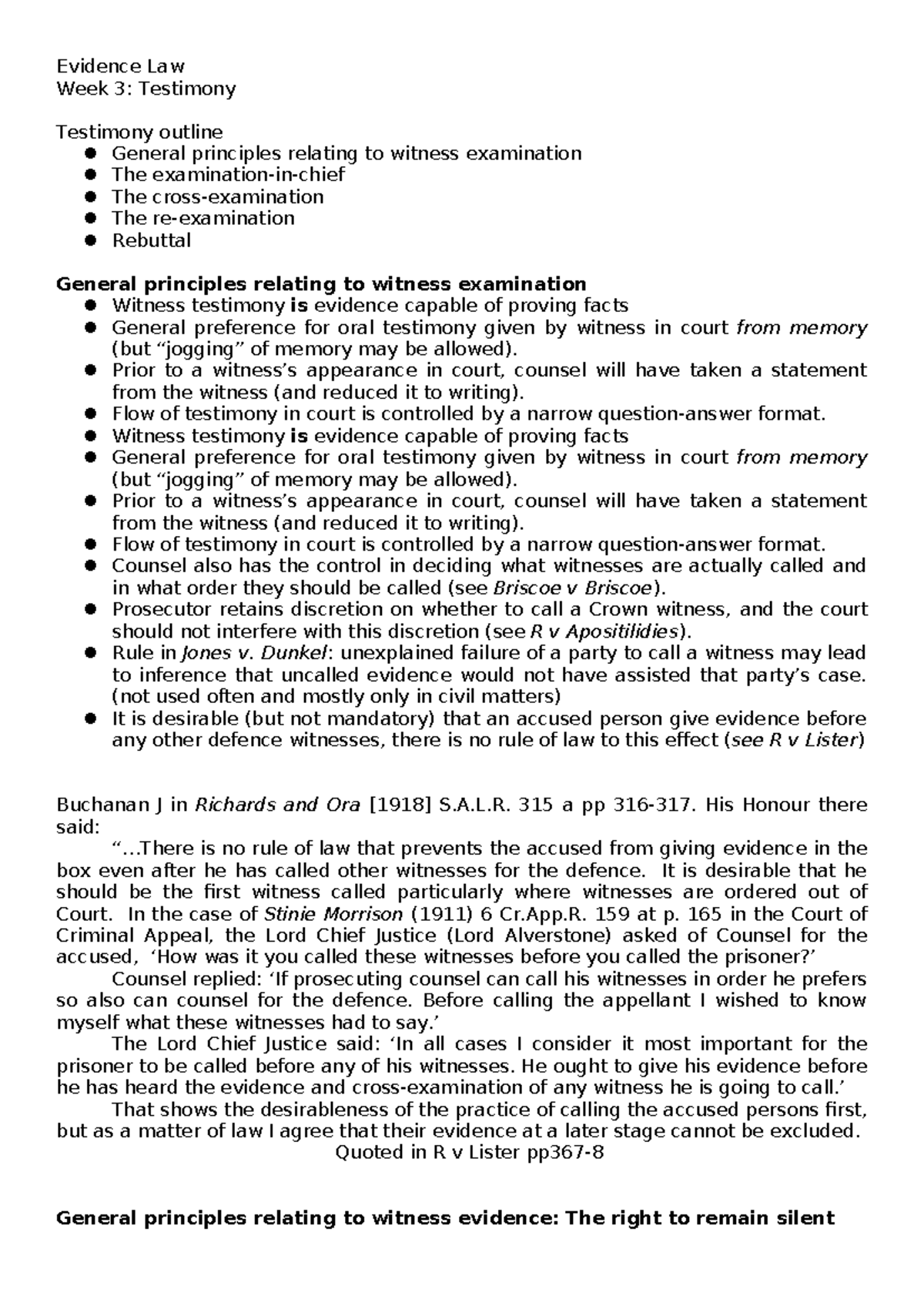 Week 3 - Week 3 notes - Evidence Law Week 3: Testimony Testimony ...