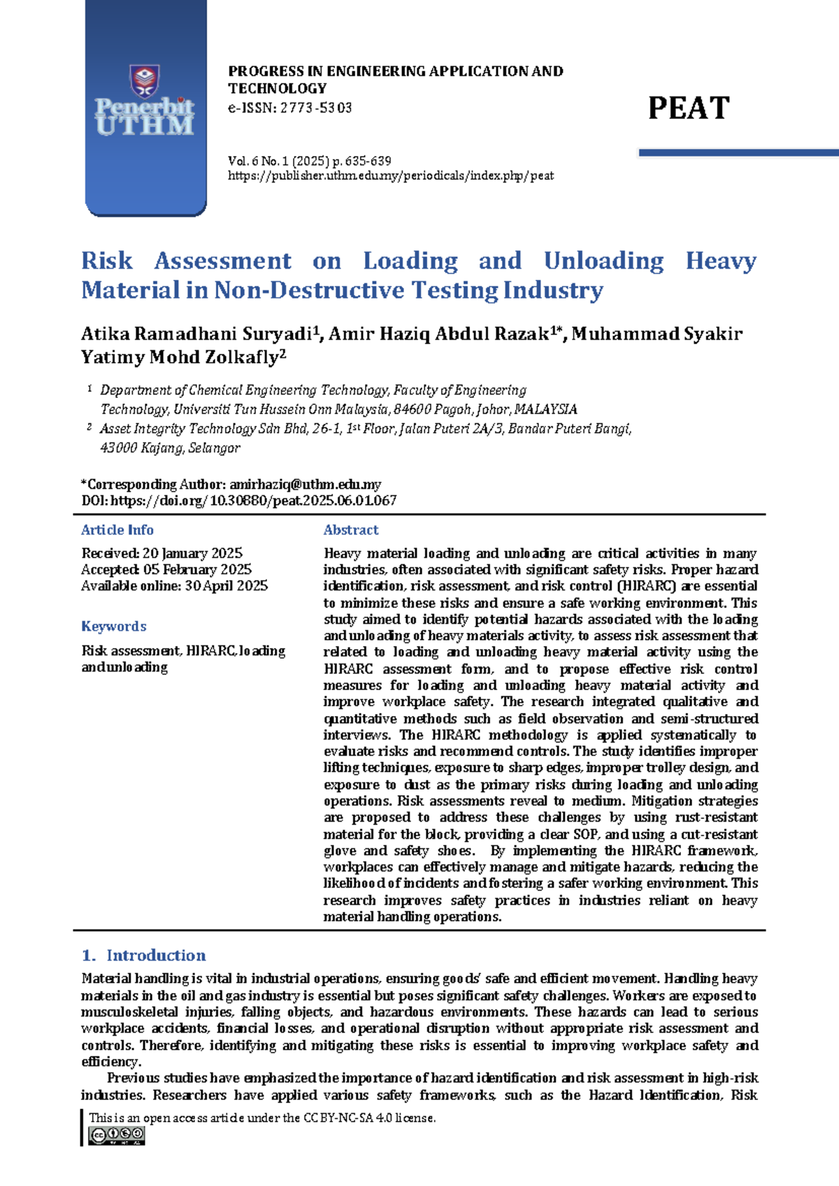 Risk Assessment for Heavy Material Handling in NDT: HIRARC Approach ...