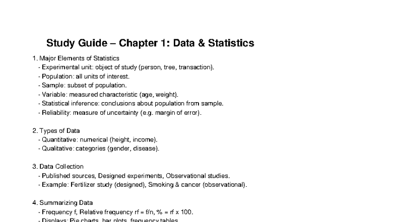 Chapter 1 Study Guide: Key Concepts in Data Statistics - Studocu